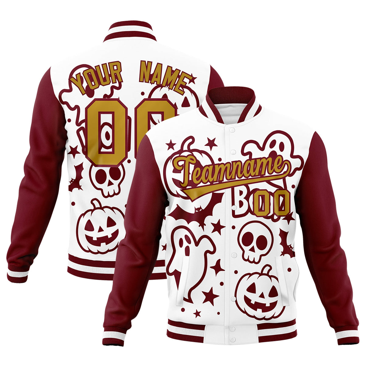 Custom White Crimson Old Gold Bats Pumpkins Ghost Patterns Halloween Letterman Jacket | Custom Letterman Jacket,Add Name and Numbern,Sublimation Printed &amp; Stitched,Perfect for Parties | KXKSHOP