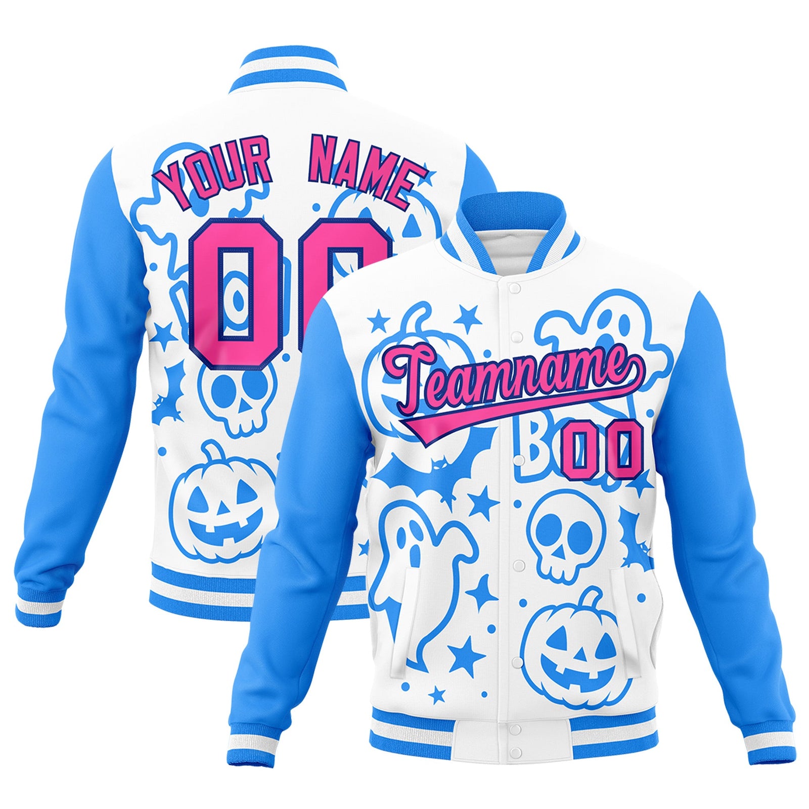 Custom White Powder Blue Pink Bats Pumpkins Ghost Patterns Halloween Letterman Jacket | Custom Letterman Jacket,Add Name and Numbern,Sublimation Printed & Stitched,Perfect for Parties | KXKSHOP