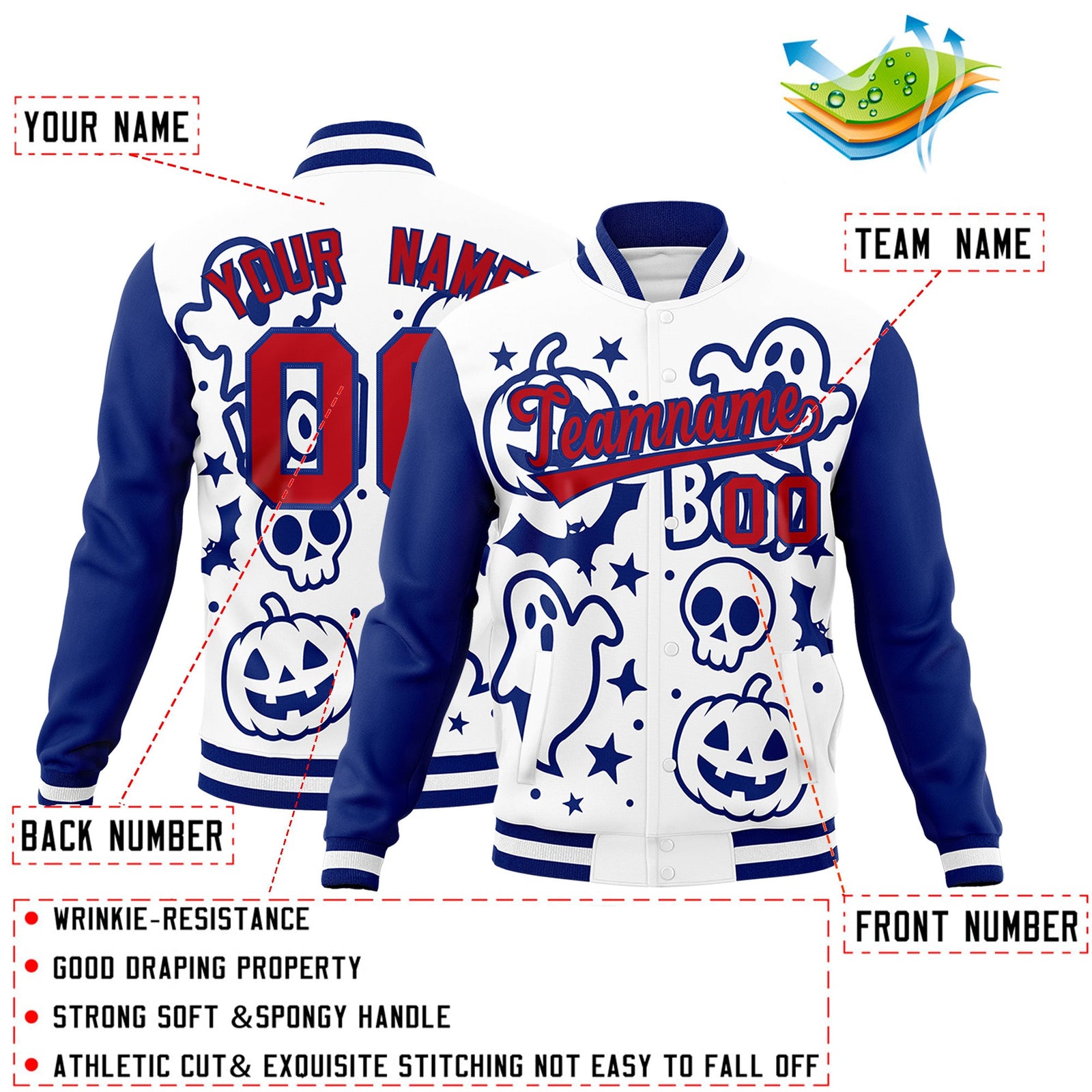 Custom Royal Blue White Red Bats Pumpkins Ghost Patterns Halloween Letterman Jacket | Custom Letterman Jacket,Add Name and Numbern,Sublimation Printed & Stitched,Perfect for Parties | KXKSHOP