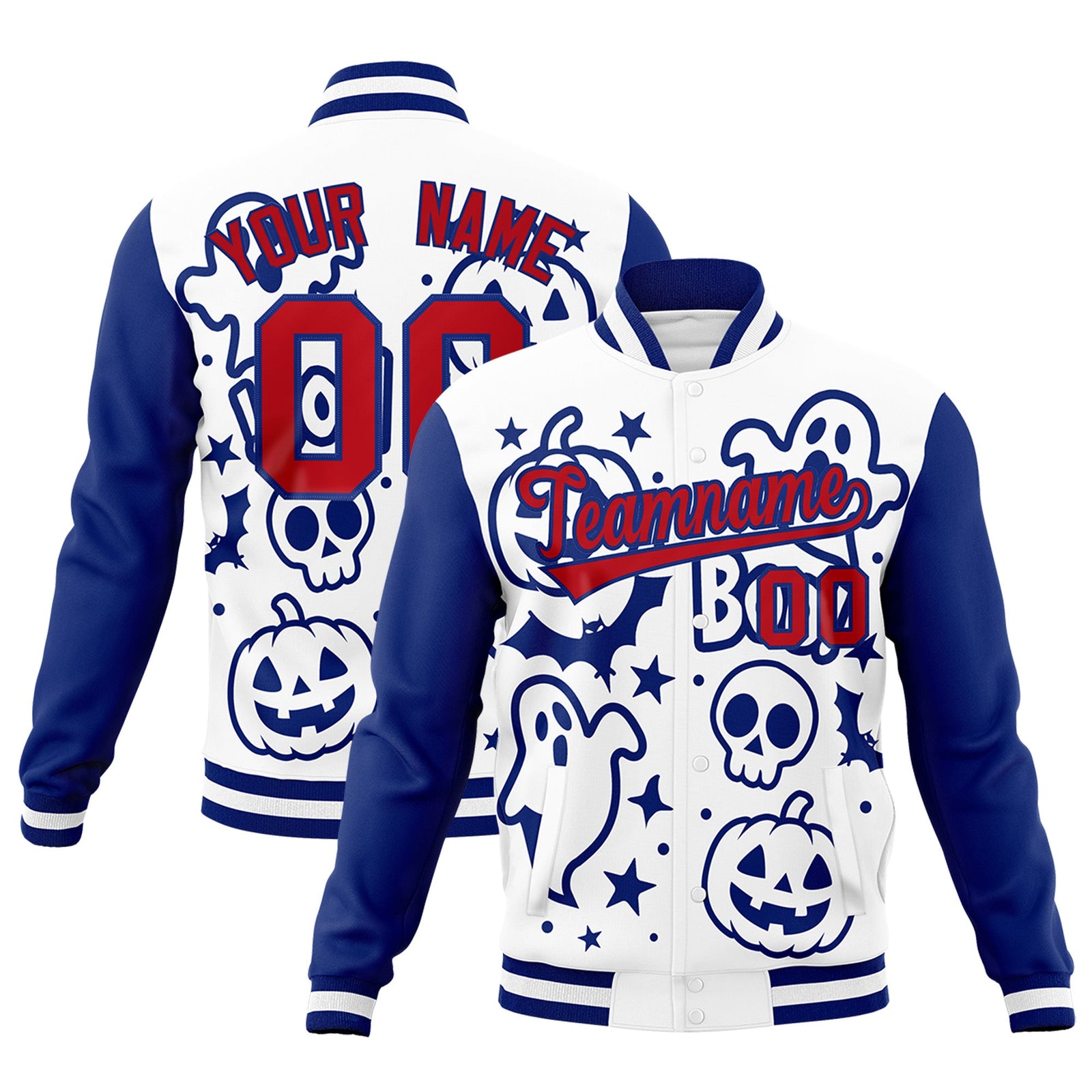 Custom Royal Blue White Red Bats Pumpkins Ghost Patterns Halloween Letterman Jacket | Custom Letterman Jacket,Add Name and Numbern,Sublimation Printed & Stitched,Perfect for Parties | KXKSHOP