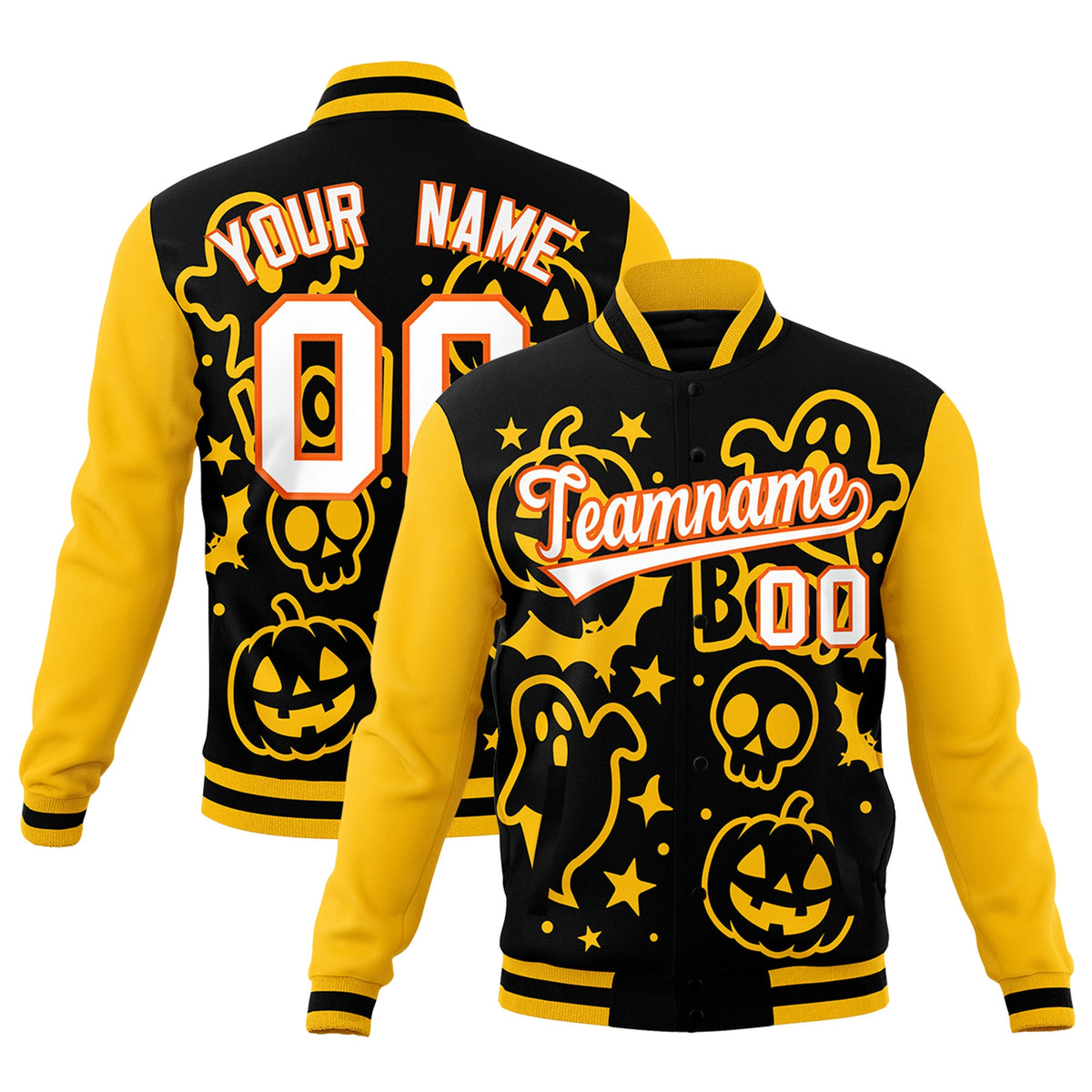 Custom Gold Black White Bats Pumpkins Ghost Patterns Halloween Letterman Jacket | Custom Letterman Jacket,Add Name and Numbern,Sublimation Printed &amp; Stitched,Perfect for Parties | KXKSHOP