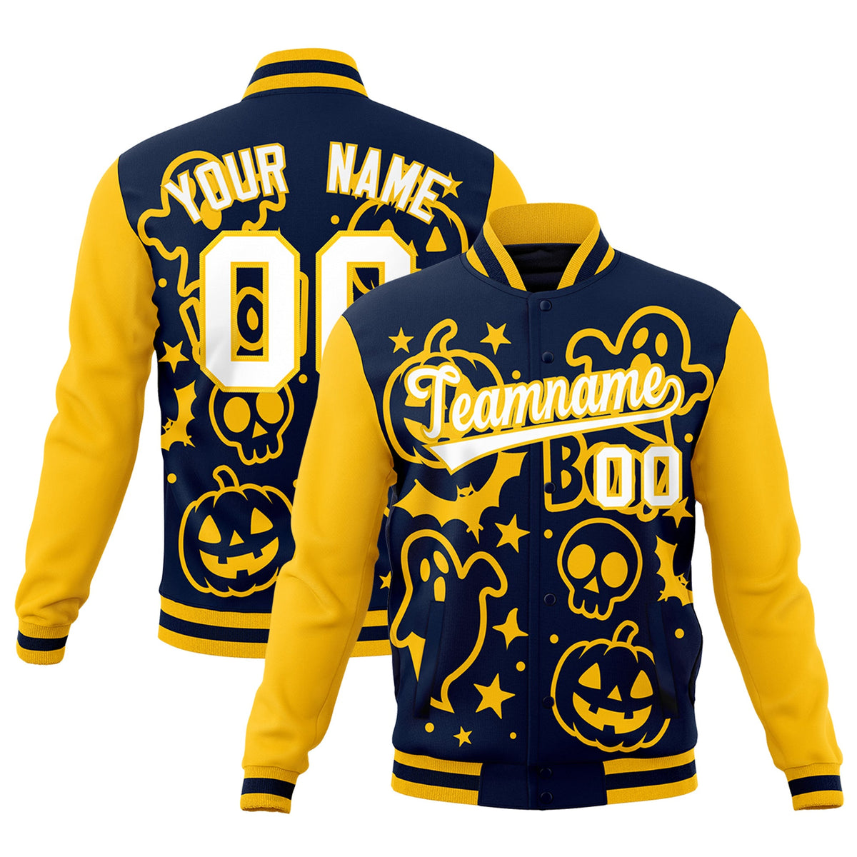 Custom Gold Navy White Bats Pumpkins Ghost Patterns Halloween Letterman Jacket | Custom Letterman Jacket,Add Name and Numbern,Sublimation Printed &amp; Stitched,Perfect for Parties | KXKSHOP