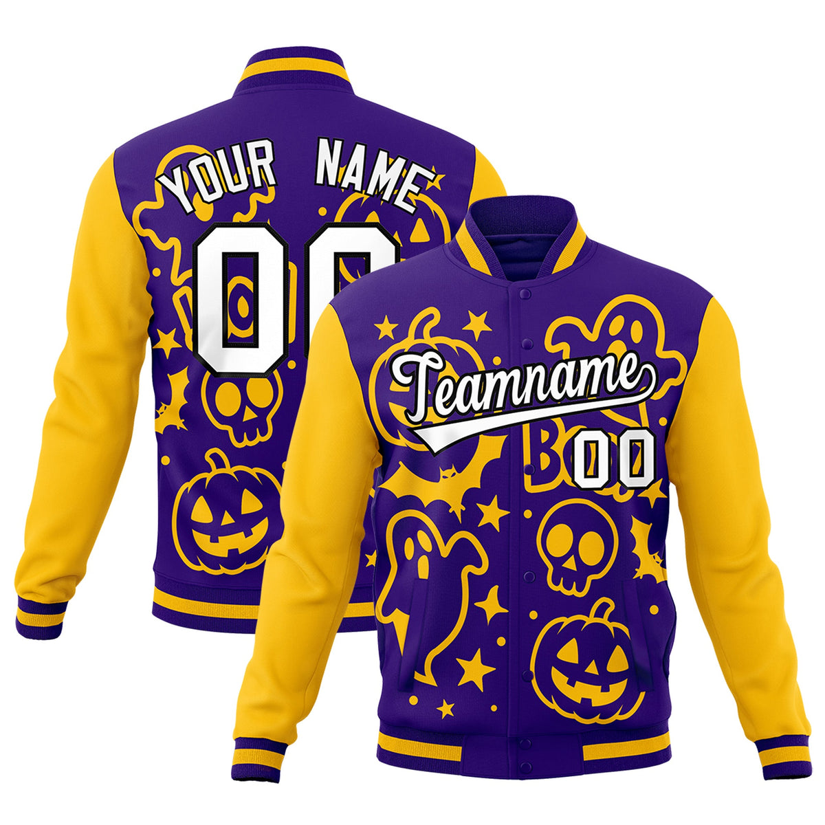 Custom Purple Gold White Bats Pumpkins Ghost Patterns Halloween Letterman Jacket | Custom Letterman Jacket,Add Name and Numbern,Sublimation Printed &amp; Stitched,Perfect for Parties | KXKSHOP