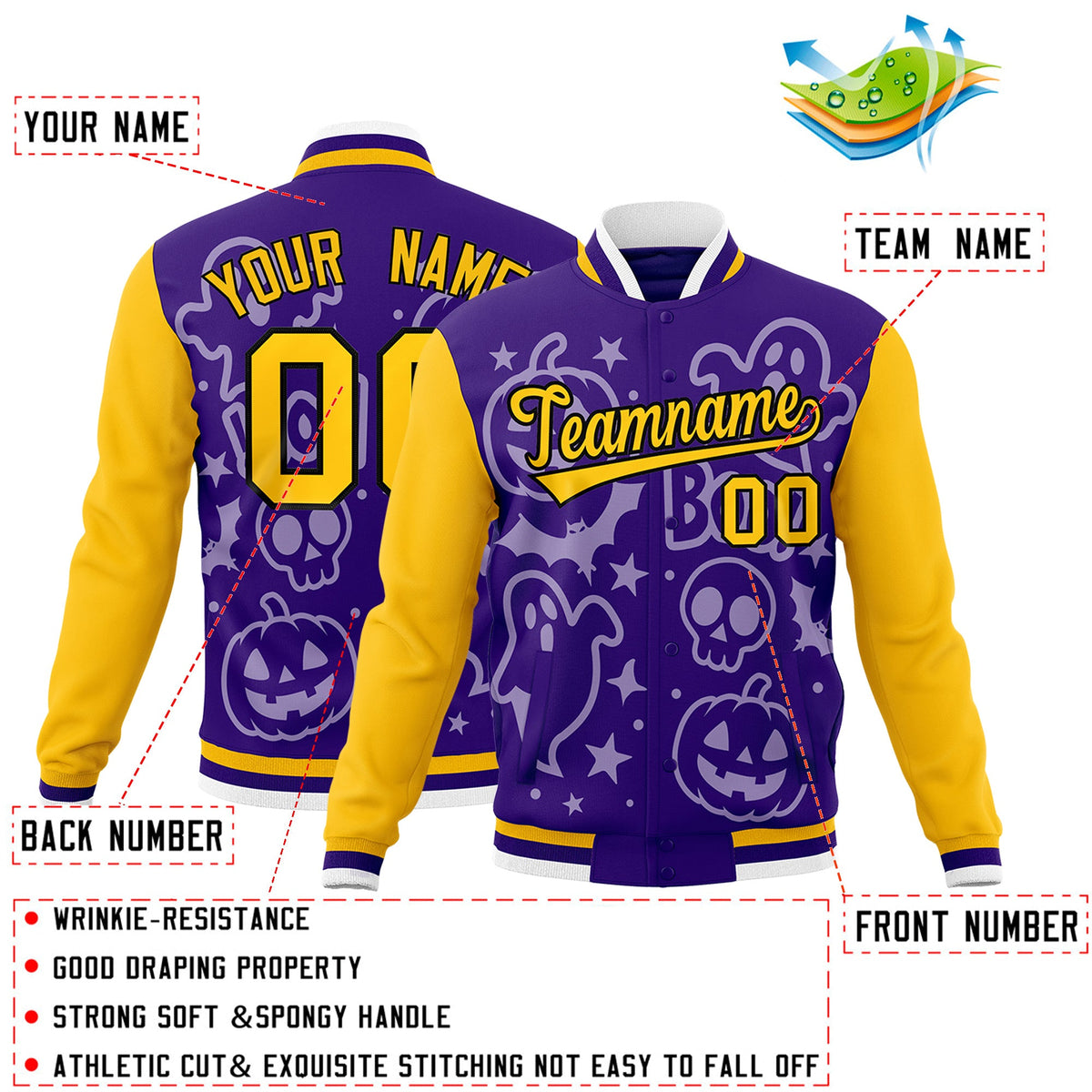 Custom Yellow Purple Gold Bats Pumpkins Ghost Patterns Halloween Letterman Jacket | Custom Letterman Jacket,Add Name and Numbern,Sublimation Printed & Stitched,Perfect for Parties | KXKSHOP