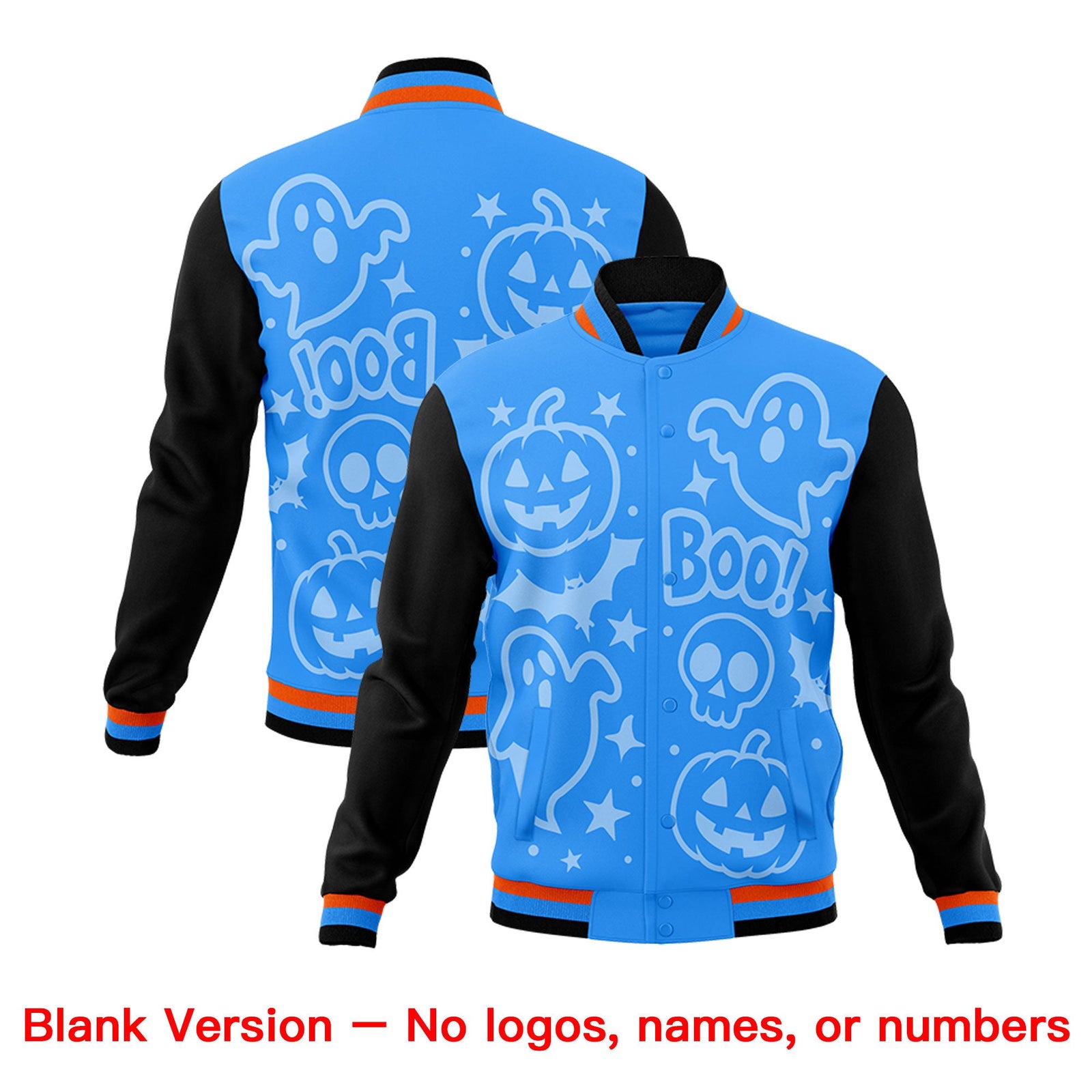 Custom Orange Powder Blue Black Bats Pumpkins Ghost Patterns Halloween Letterman Jacket | Custom Letterman Jacket,Add Name and Numbern,Sublimation Printed & Stitched,Perfect for Parties | KXKSHOP