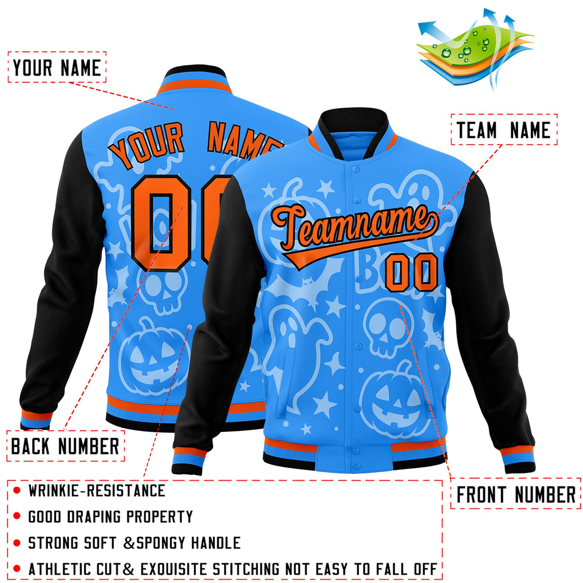 Custom Orange Powder Blue Black Bats Pumpkins Ghost Patterns Halloween Letterman Jacket | Custom Letterman Jacket,Add Name and Numbern,Sublimation Printed &amp; Stitched,Perfect for Parties | KXKSHOP
