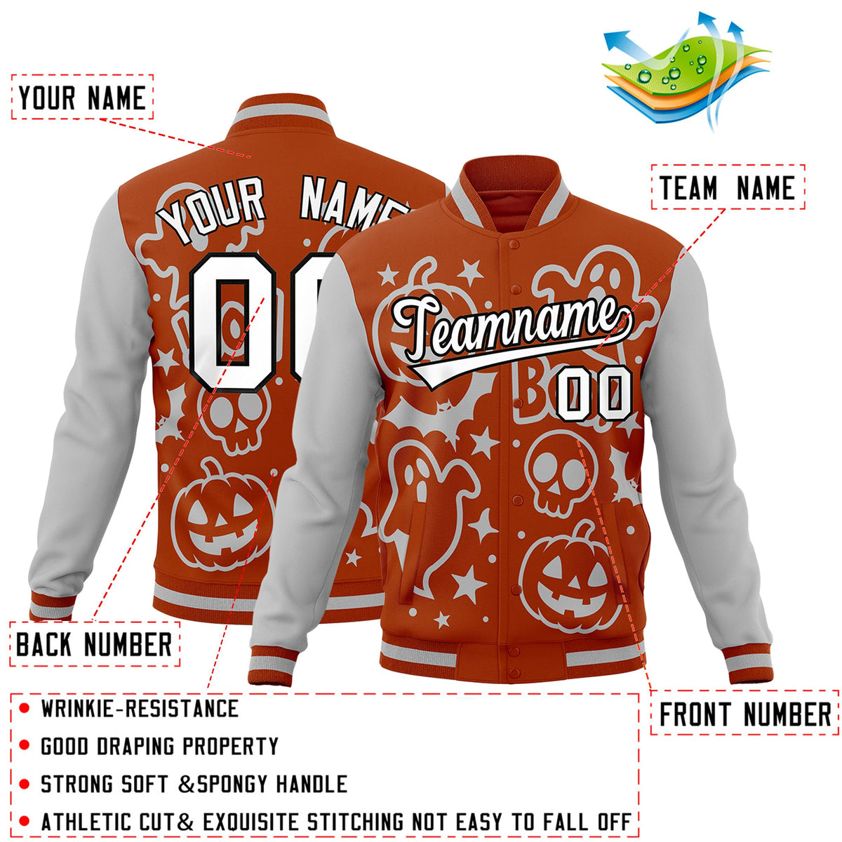 Custom Dark Orange Gray White Bats Pumpkins Ghost Patterns Halloween Letterman Jacket | Custom Letterman Jacket,Add Name and Numbern,Sublimation Printed &amp; Stitched,Perfect for Parties | KXKSHOP