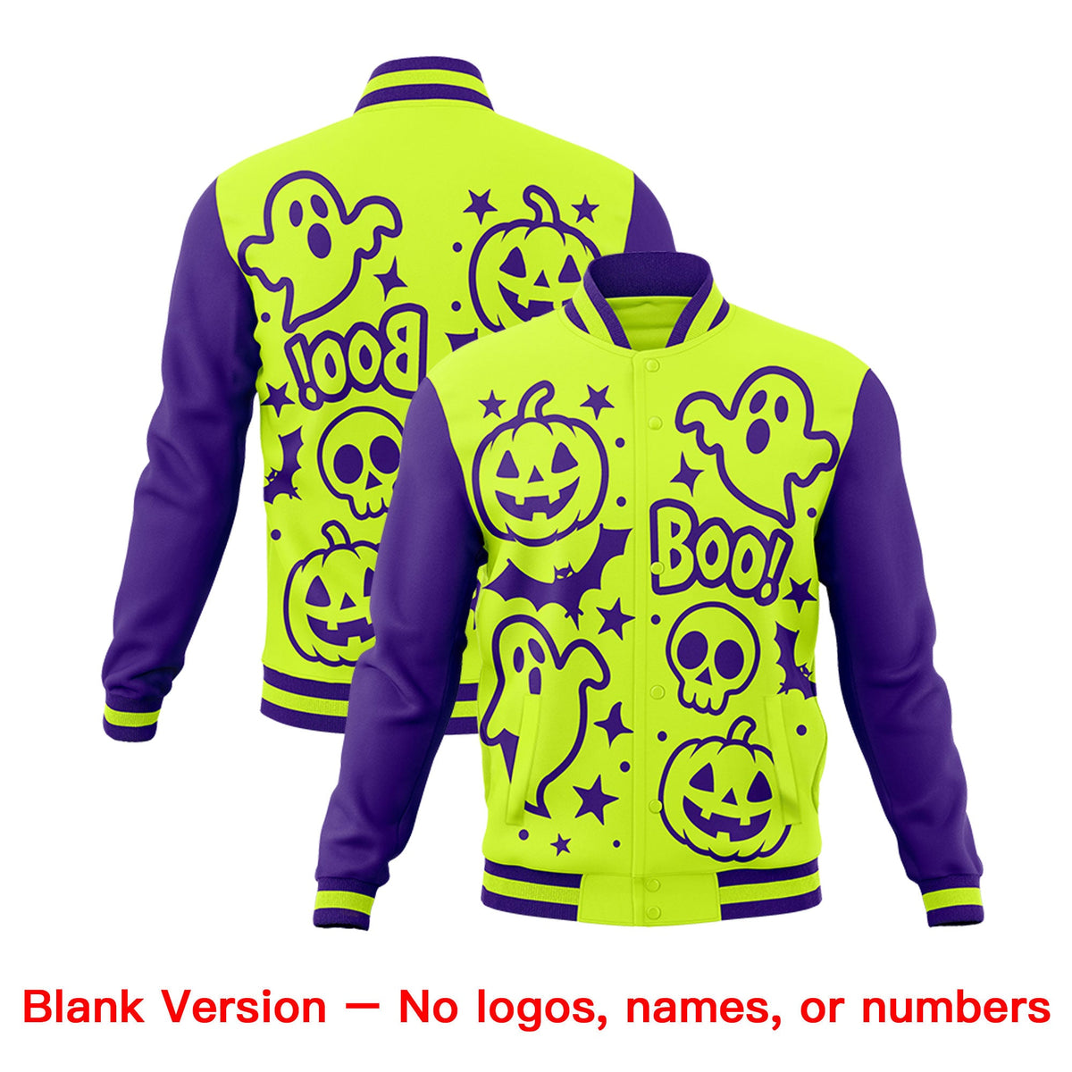 Custom Purple Neon Green White Bats Pumpkins Ghost Patterns Halloween Letterman Jacket | Custom Letterman Jacket,Add Name and Numbern,Sublimation Printed &amp; Stitched,Perfect for Parties | KXKSHOP