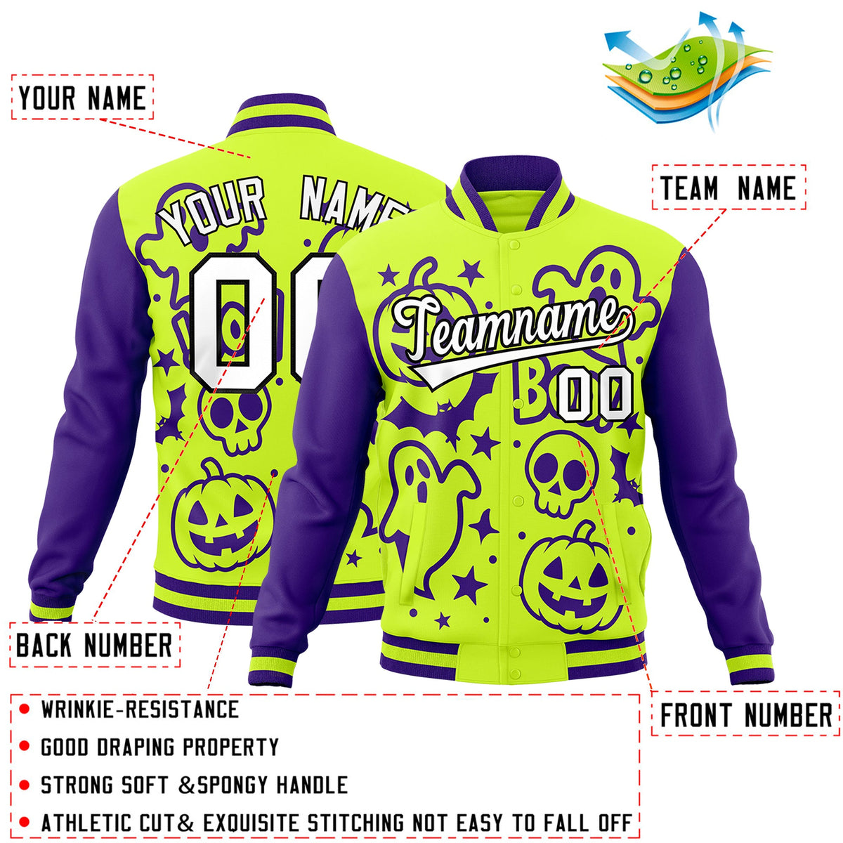 Custom Purple Neon Green White Bats Pumpkins Ghost Patterns Halloween Letterman Jacket | Custom Letterman Jacket,Add Name and Numbern,Sublimation Printed &amp; Stitched,Perfect for Parties | KXKSHOP