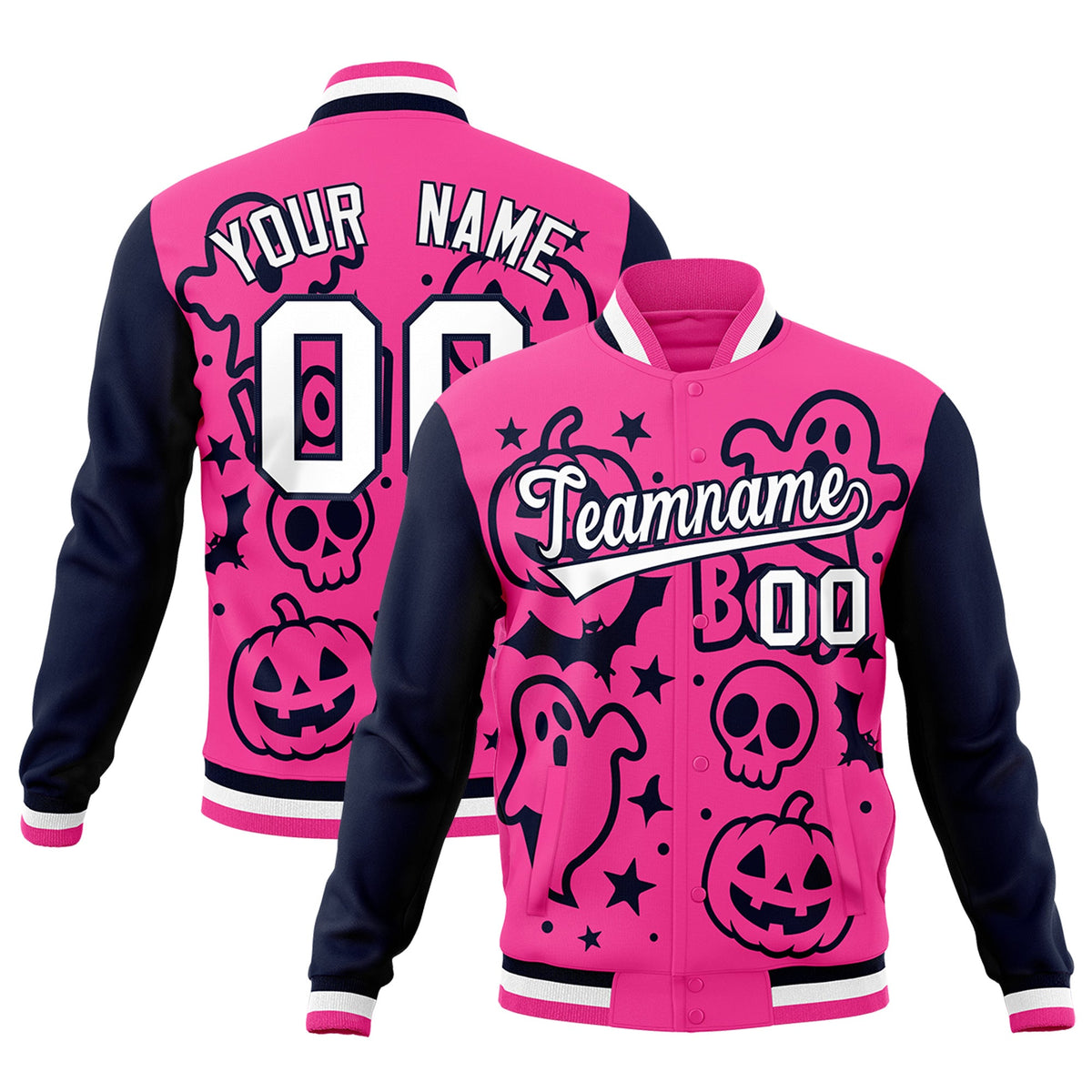 Custom Navy Pink White Bats Pumpkins Ghost Patterns Halloween Letterman Jacket | Custom Letterman Jacket,Add Name and Numbern,Sublimation Printed &amp; Stitched,Perfect for Parties | KXKSHOP