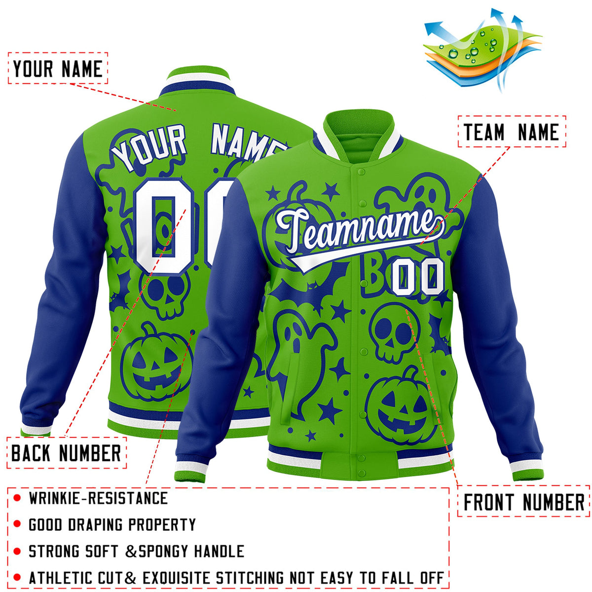 Custom Green Royal Blue White Bats Pumpkins Ghost Patterns Halloween Letterman Jacket | Custom Letterman Jacket,Add Name and Numbern,Sublimation Printed &amp; Stitched,Perfect for Parties | KXKSHOP