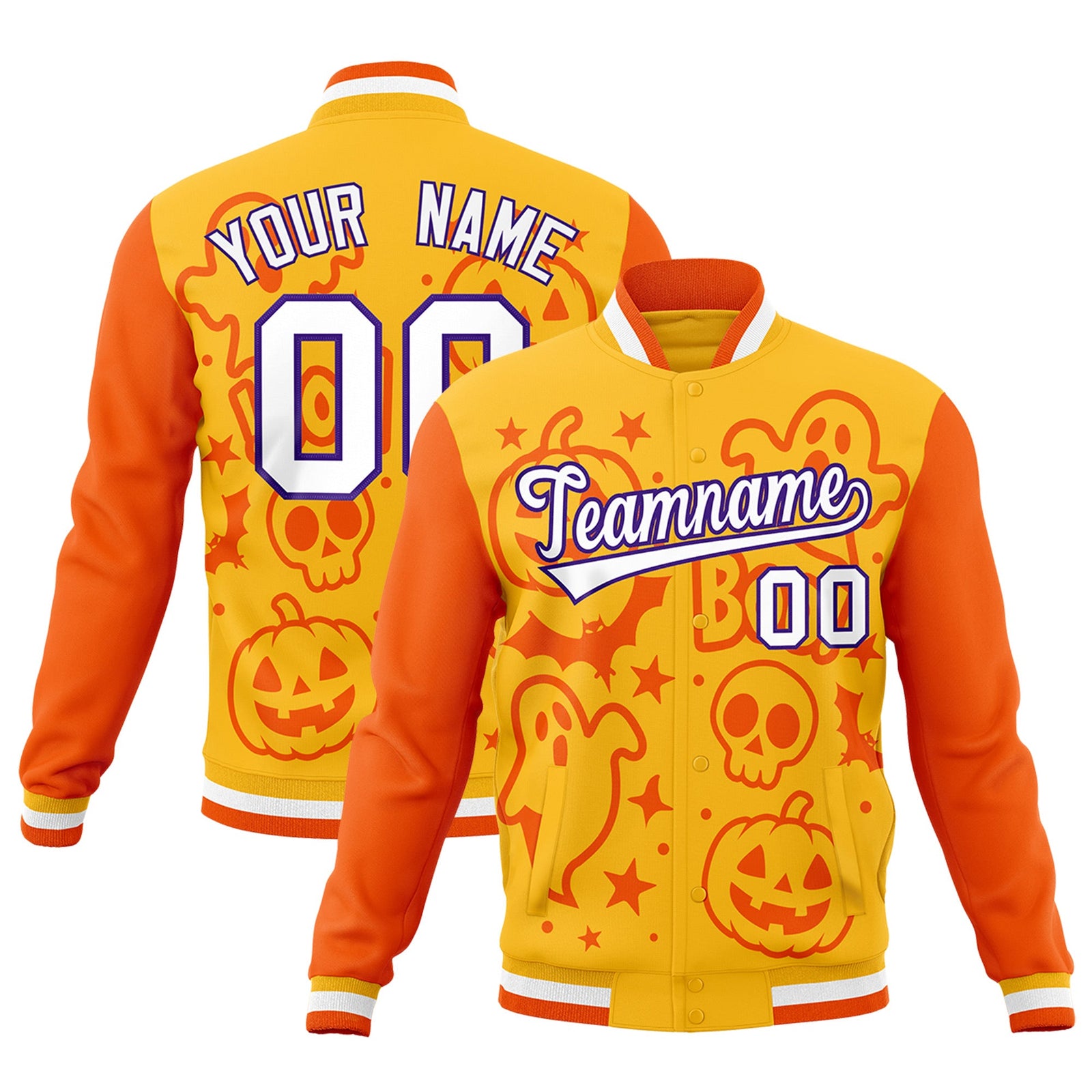 Custom Yellow Orange Gold Bats Pumpkins Ghost Patterns Halloween Letterman Jacket | Custom Letterman Jacket,Add Name and Numbern,Sublimation Printed & Stitched,Perfect for Parties | KXKSHOP
