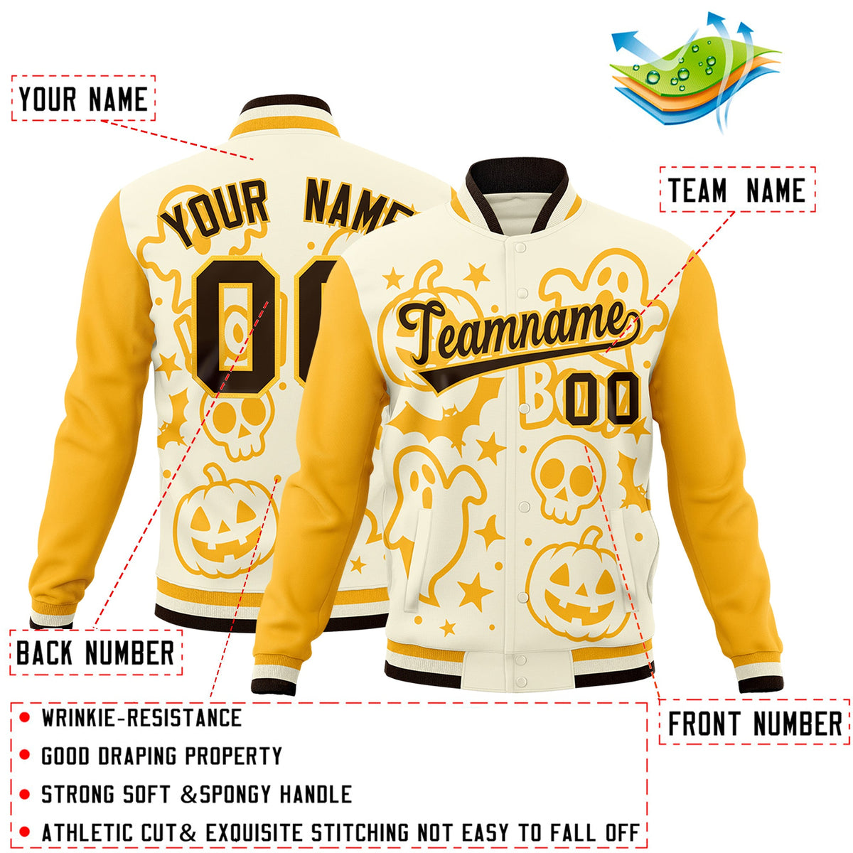 Custom Yellow Cream Gold Bats Pumpkins Ghost Patterns Halloween Letterman Jacket | Custom Letterman Jacket,Add Name and Numbern,Sublimation Printed &amp; Stitched,Perfect for Parties | KXKSHOP