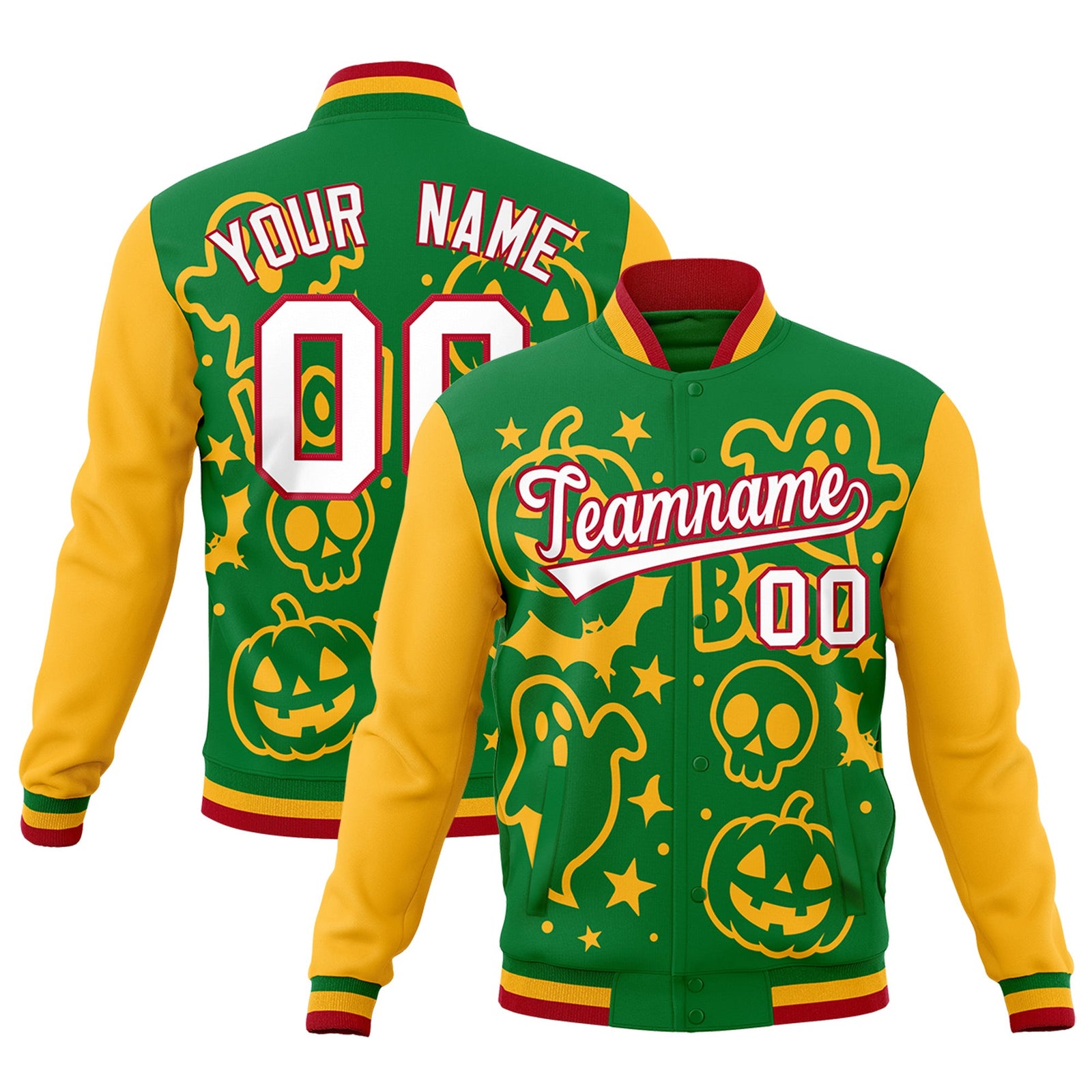 Custom Kelly Green Gold Red Bats Pumpkins Ghost Patterns Halloween Letterman Jacket | Custom Letterman Jacket,Add Name and Numbern,Sublimation Printed & Stitched,Perfect for Parties | KXKSHOP