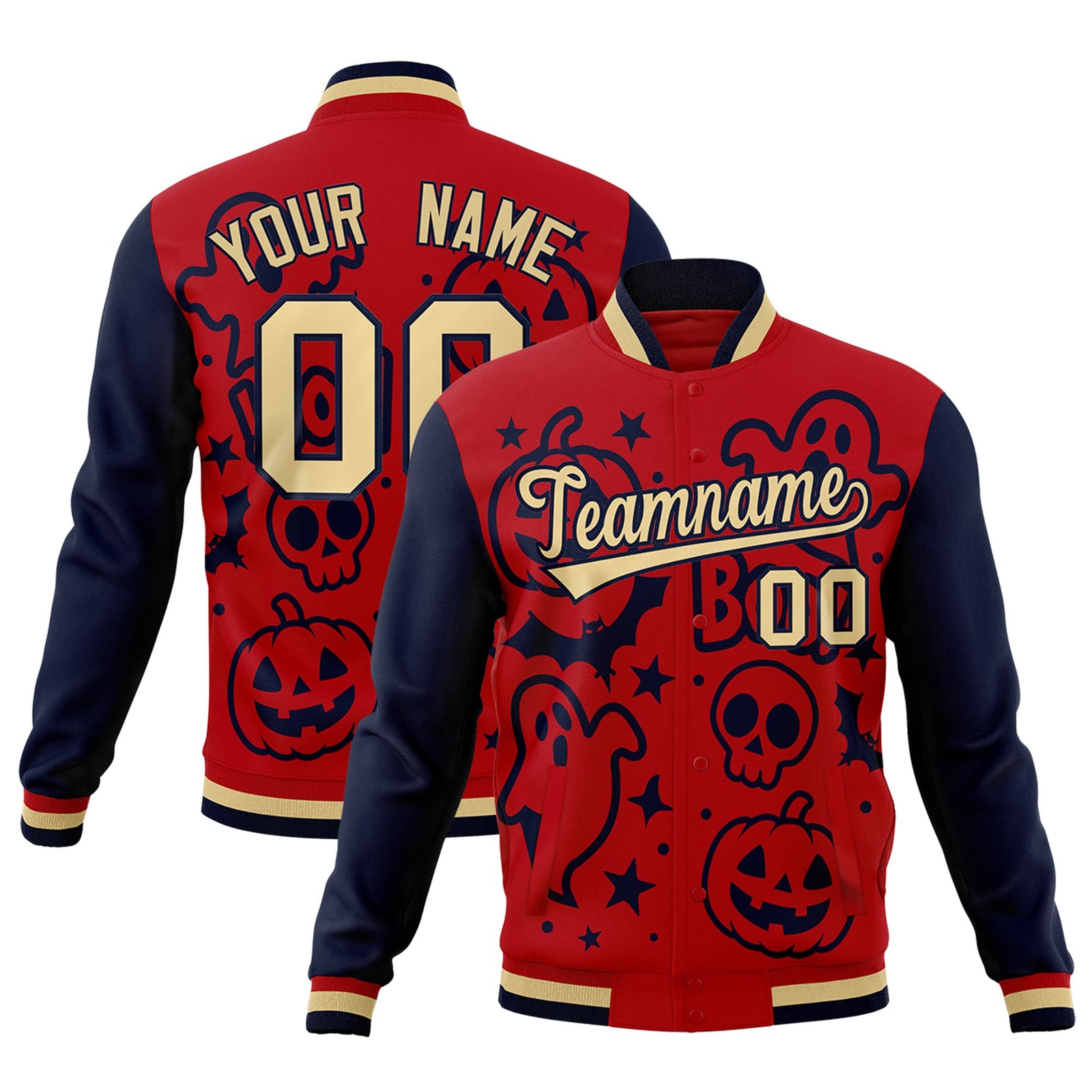 Custom Red Navy Khaki Bats Pumpkins Ghost Patterns Halloween Letterman Jacket | Custom Letterman Jacket,Add Name and Numbern,Sublimation Printed & Stitched,Perfect for Parties | KXKSHOP