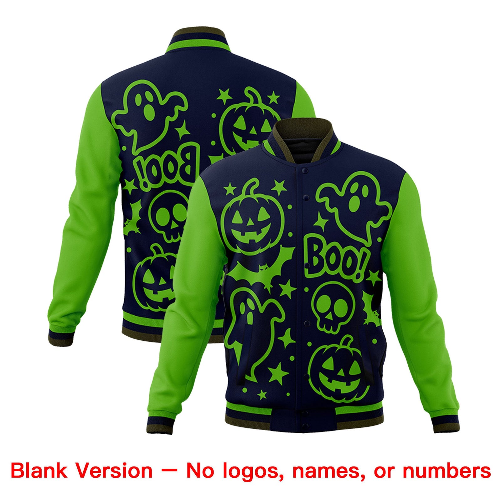 Custom Green Navy Olive Bats Pumpkins Ghost Patterns Halloween Letterman Jacket | Custom Letterman Jacket,Add Name and Numbern,Sublimation Printed & Stitched,Perfect for Parties | KXKSHOP