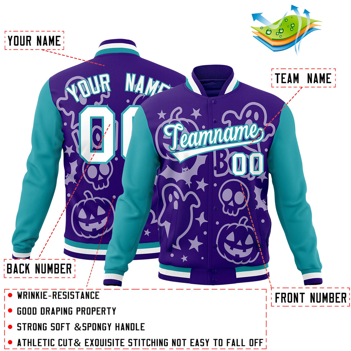 Custom Purple Aqua White Bats Pumpkins Ghost Patterns Halloween Letterman Jacket | Custom Letterman Jacket,Add Name and Numbern,Sublimation Printed & Stitched,Perfect for Parties | KXKSHOP