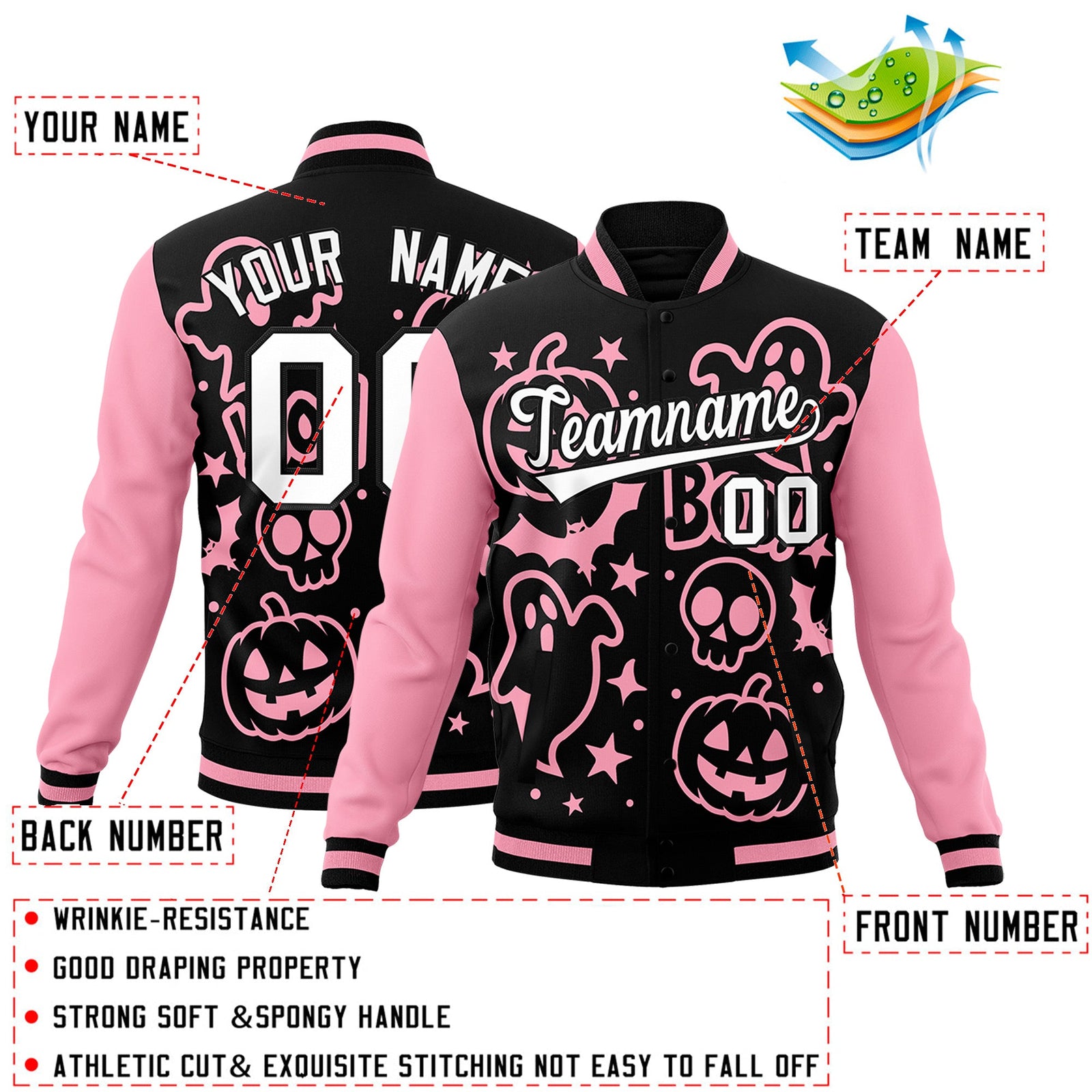 Custom Light Pink Black White Bats Pumpkins Ghost Patterns Halloween Letterman Jacket | Custom Letterman Jacket,Add Name and Numbern,Sublimation Printed & Stitched,Perfect for Parties | KXKSHOP