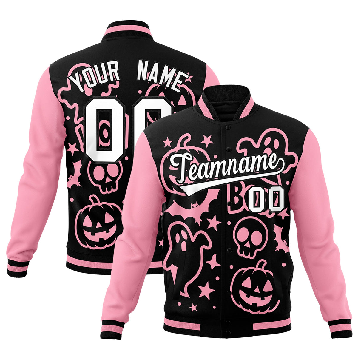 Custom Light Pink Black White Bats Pumpkins Ghost Patterns Halloween Letterman Jacket | Custom Letterman Jacket,Add Name and Numbern,Sublimation Printed &amp; Stitched,Perfect for Parties | KXKSHOP