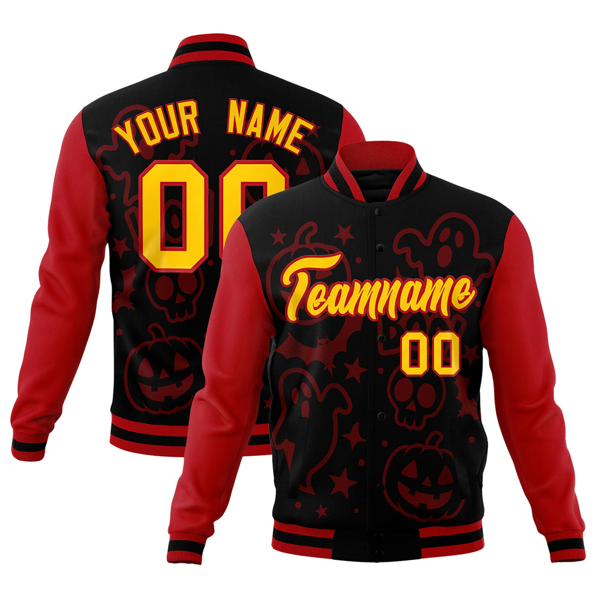 Custom Red Black Gold Bats Pumpkins Ghost Patterns Halloween Letterman Jacket | Custom Letterman Jacket,Add Name and Numbern,Sublimation Printed &amp; Stitched,Perfect for Parties | KXKSHOP