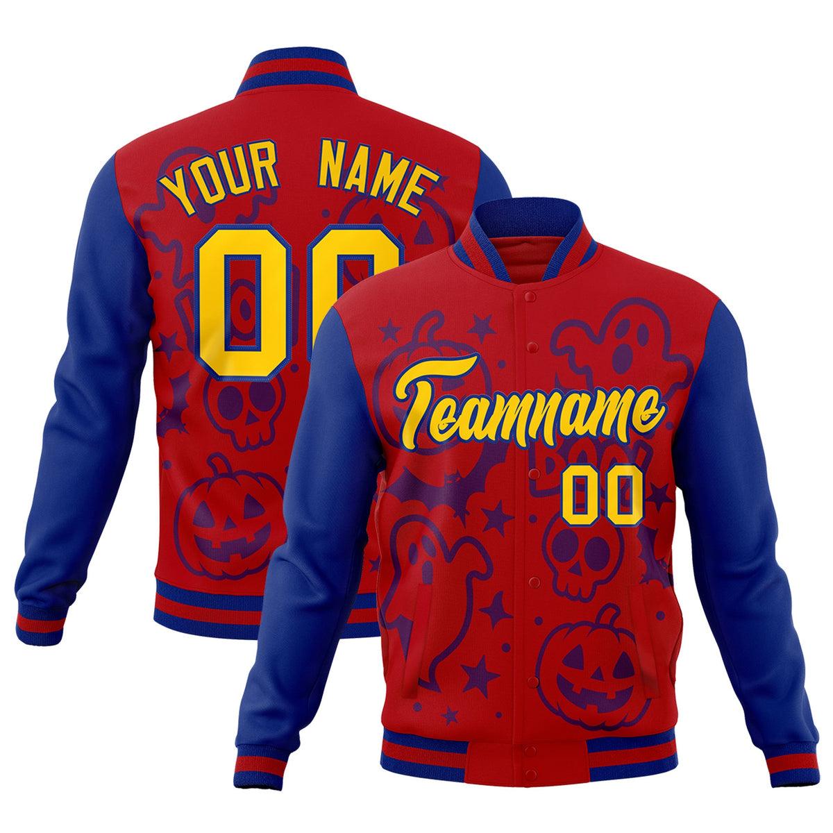 Custom Royal Red Royal Blue Bats Pumpkins Ghost Patterns Halloween Letterman Jacket | Custom Letterman Jacket,Add Name and Numbern,Sublimation Printed &amp; Stitched,Perfect for Parties | KXKSHOP
