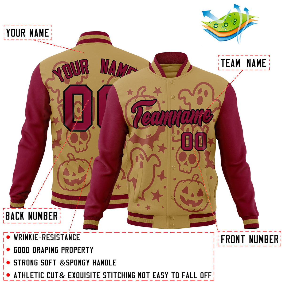 Custom Khaki Crimson Black Bats Pumpkins Ghost Patterns Halloween Letterman Jacket | Custom Letterman Jacket,Add Name and Numbern,Sublimation Printed &amp; Stitched,Perfect for Parties | KXKSHOP