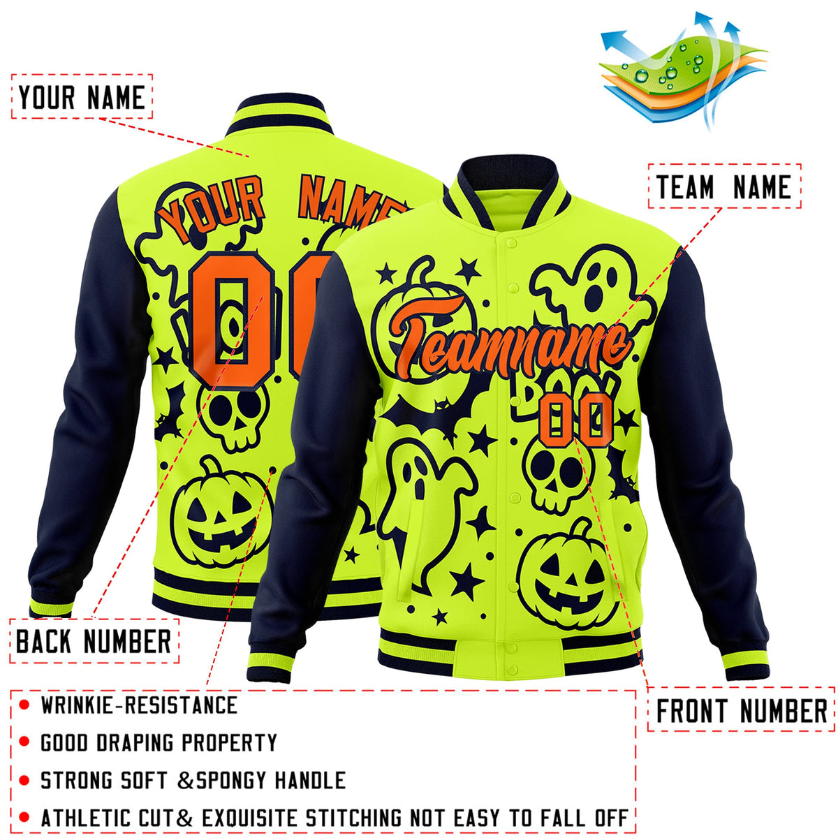 Custom Neon Green Navy Orange Bats Pumpkins Ghost Patterns Halloween Letterman Jacket | Custom Letterman Jacket,Add Name and Numbern,Sublimation Printed &amp; Stitched,Perfect for Parties | KXKSHOP