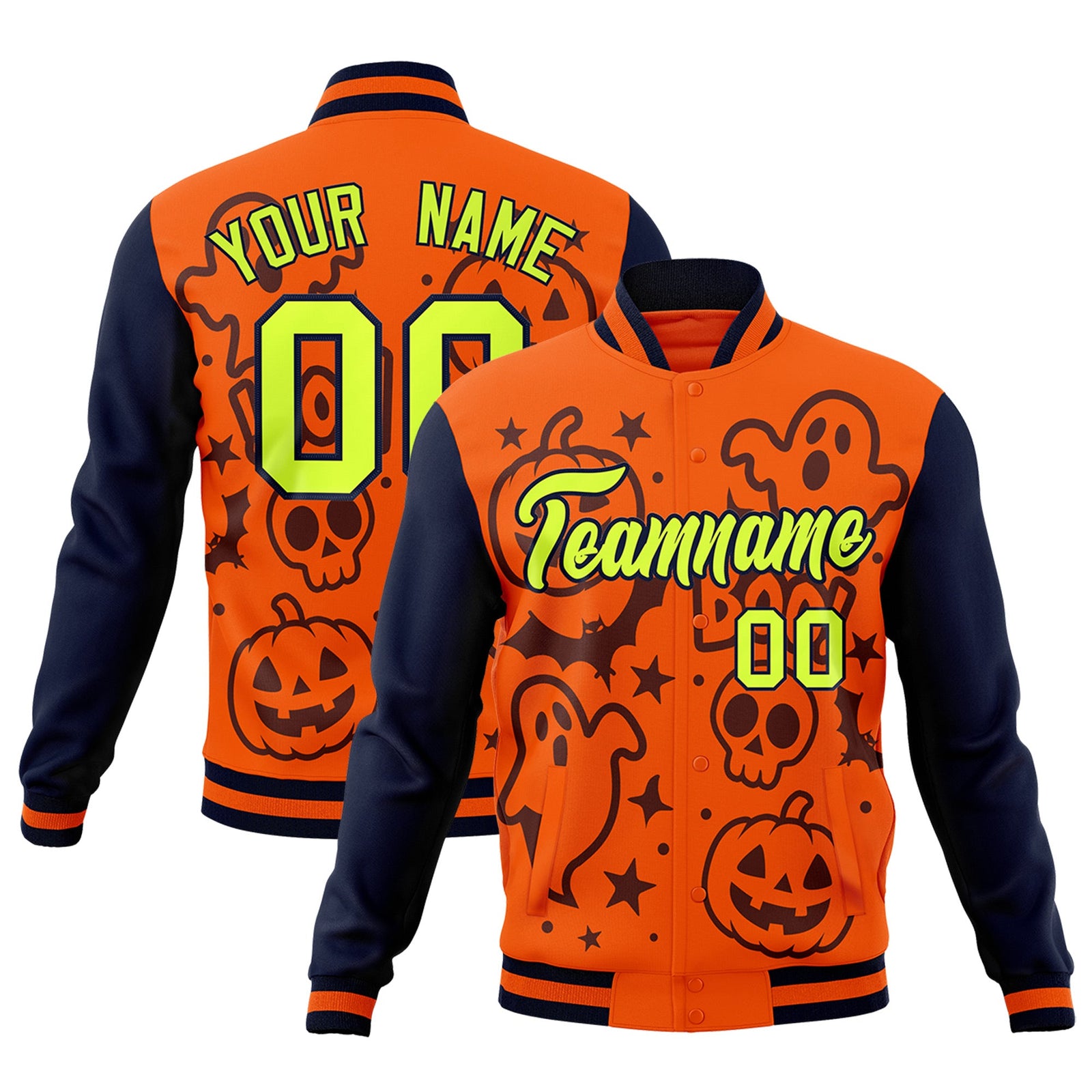 Custom Navy Orange Teal Bats Pumpkins Ghost Patterns Halloween Letterman Jacket | Custom Letterman Jacket,Add Name and Numbern,Sublimation Printed & Stitched,Perfect for Parties | KXKSHOP
