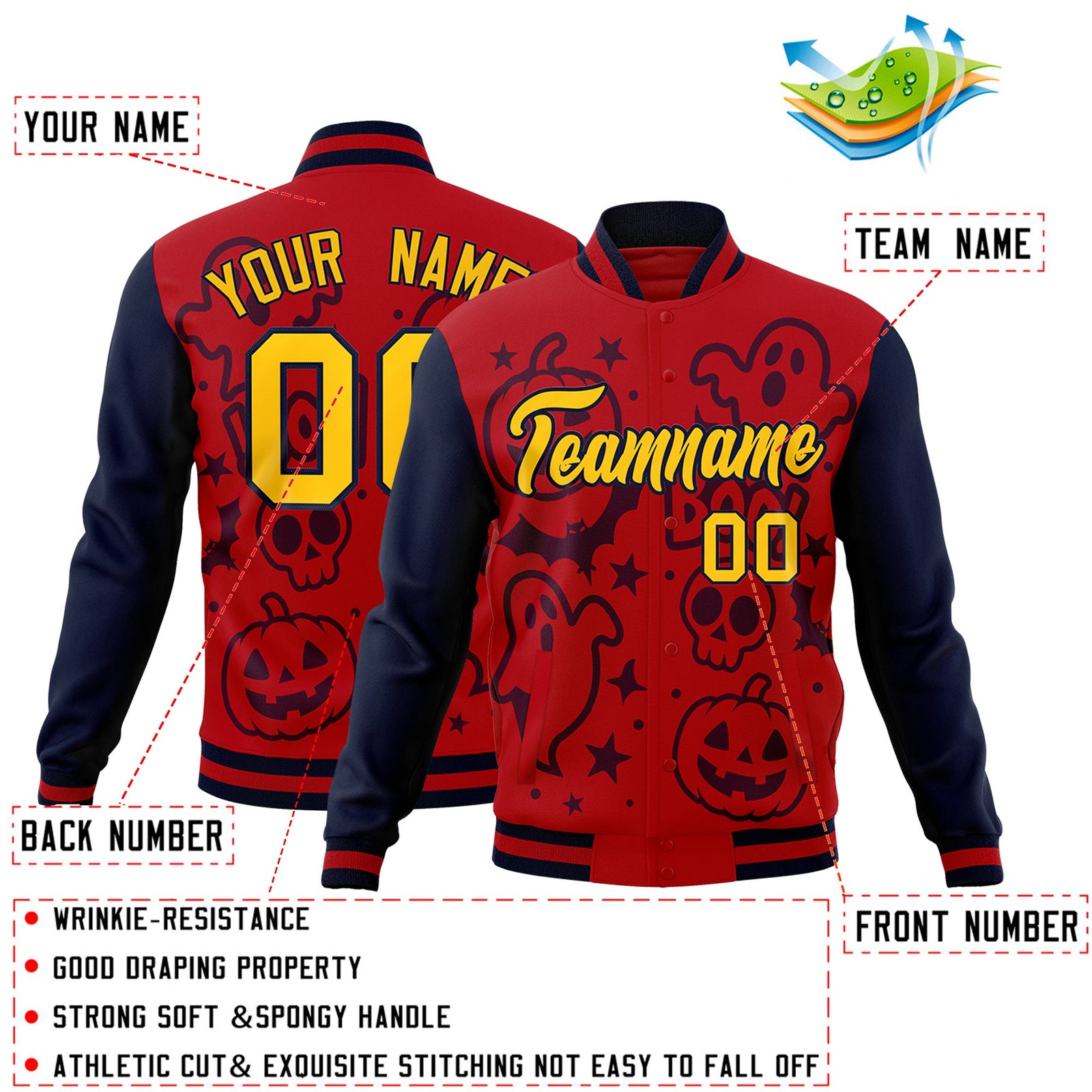 Custom Navy Red Gold Bats Pumpkins Ghost Patterns Halloween Letterman Jacket | Custom Letterman Jacket,Add Name and Numbern,Sublimation Printed & Stitched,Perfect for Parties | KXKSHOP