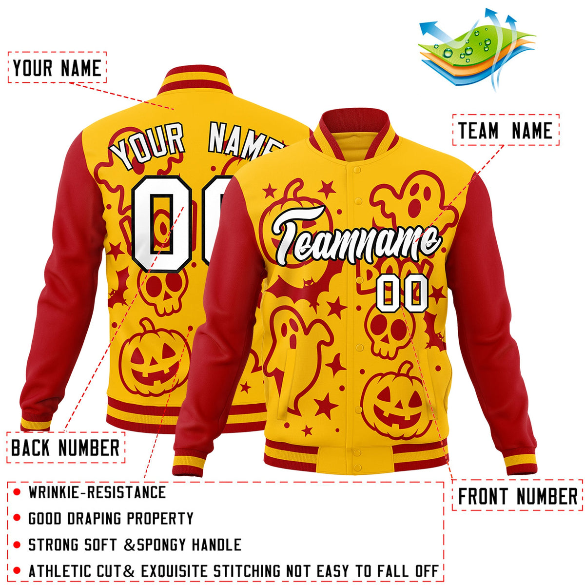 Custom Gold Red White Bats Pumpkins Ghost Patterns Halloween Letterman Jacket | Custom Letterman Jacket,Add Name and Numbern,Sublimation Printed &amp; Stitched,Perfect for Parties | KXKSHOP