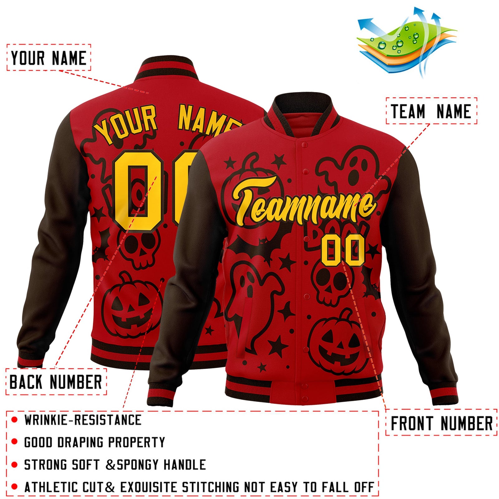 Custom Red Brown Gold Bats Pumpkins Ghost Patterns Halloween Letterman Jacket | Custom Letterman Jacket,Add Name and Numbern,Sublimation Printed & Stitched,Perfect for Parties | KXKSHOP