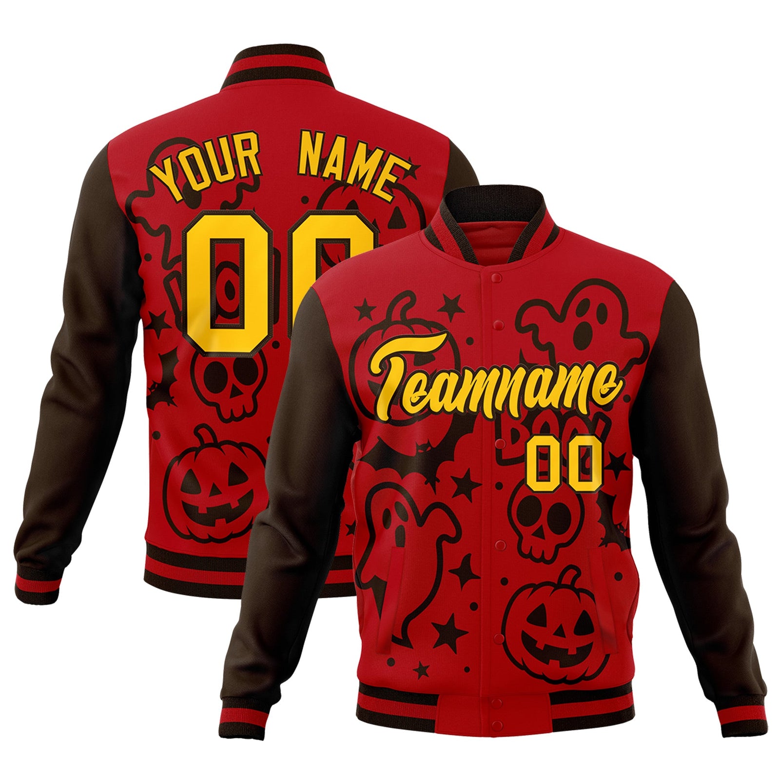 Custom Red Brown Gold Bats Pumpkins Ghost Patterns Halloween Letterman Jacket | Custom Letterman Jacket,Add Name and Numbern,Sublimation Printed & Stitched,Perfect for Parties | KXKSHOP