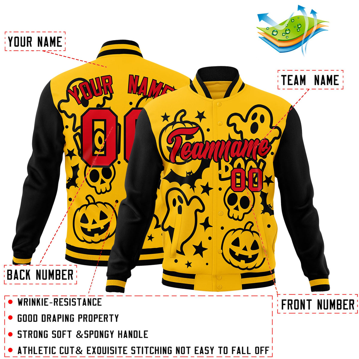 Custom Gold Black Red Bats Pumpkins Ghost Patterns Halloween Letterman Jacket | Custom Letterman Jacket,Add Name and Numbern,Sublimation Printed &amp; Stitched,Perfect for Parties | KXKSHOP