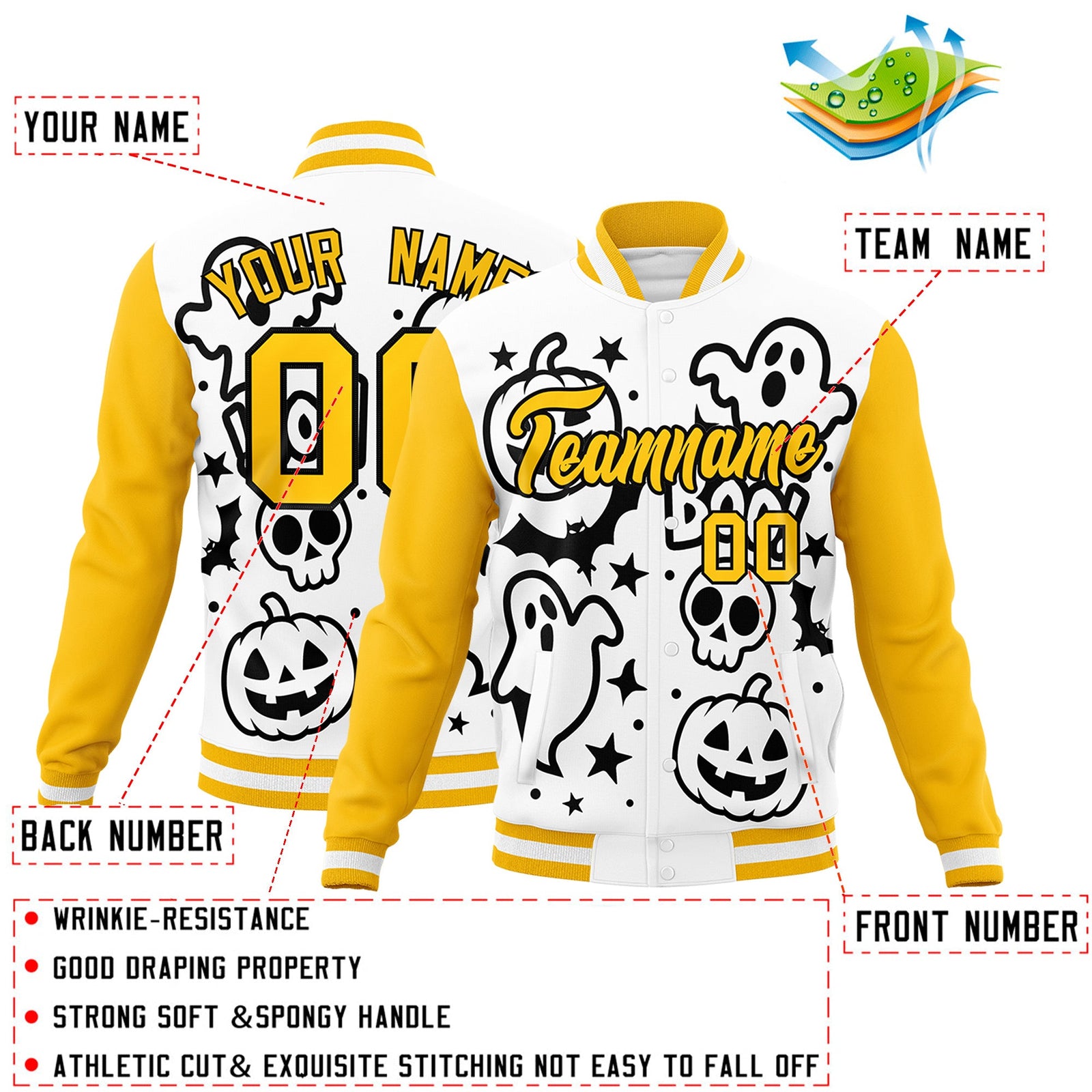 Custom White Black Gold Bats Pumpkins Ghost Patterns Halloween Letterman Jacket | Custom Letterman Jacket,Add Name and Numbern,Sublimation Printed & Stitched,Perfect for Parties | KXKSHOP