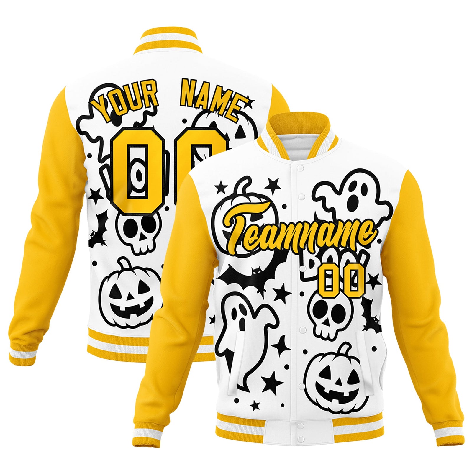 Custom White Black Gold Bats Pumpkins Ghost Patterns Halloween Letterman Jacket | Custom Letterman Jacket,Add Name and Numbern,Sublimation Printed & Stitched,Perfect for Parties | KXKSHOP