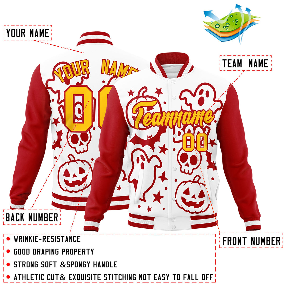 Custom White Red Gold Bats Pumpkins Ghost Patterns Halloween Letterman Jacket | Custom Letterman Jacket,Add Name and Numbern,Sublimation Printed &amp; Stitched,Perfect for Parties | KXKSHOP