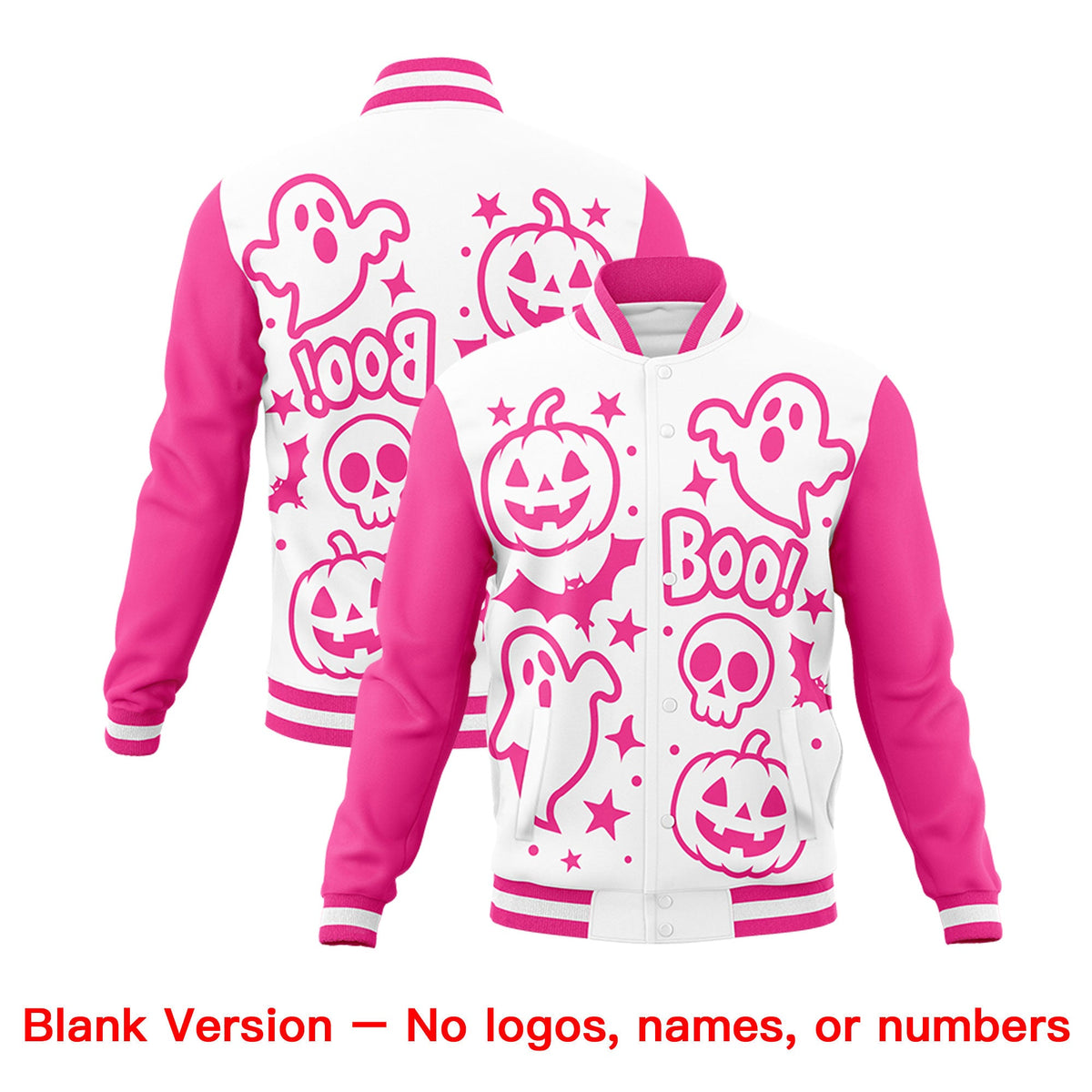 Custom White Pink Purple Bats Pumpkins Ghost Patterns Halloween Letterman Jacket | Custom Letterman Jacket,Add Name and Numbern,Sublimation Printed &amp; Stitched,Perfect for Parties | KXKSHOP