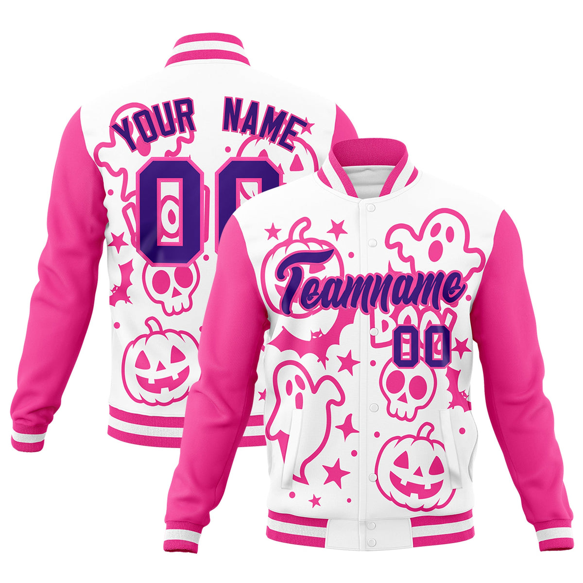 Custom White Pink Purple Bats Pumpkins Ghost Patterns Halloween Letterman Jacket | Custom Letterman Jacket,Add Name and Numbern,Sublimation Printed &amp; Stitched,Perfect for Parties | KXKSHOP
