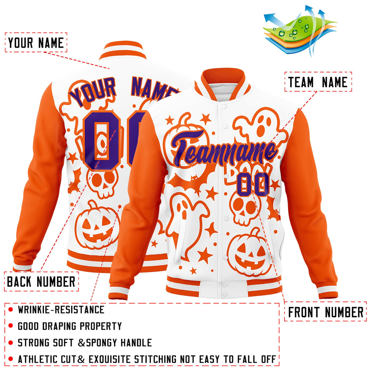 Custom White Orange Purple Bats Pumpkins Ghost Patterns Halloween Letterman Jacket | Custom Letterman Jacket,Add Name and Numbern,Sublimation Printed &amp; Stitched,Perfect for Parties | KXKSHOP