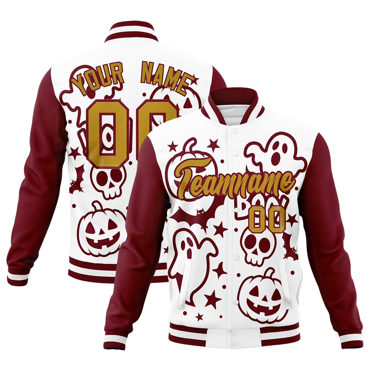 Custom White Crimson Old Gold Bats Pumpkins Ghost Patterns Halloween Letterman Jacket | Custom Letterman Jacket,Add Name and Numbern,Sublimation Printed &amp; Stitched,Perfect for Parties | KXKSHOP