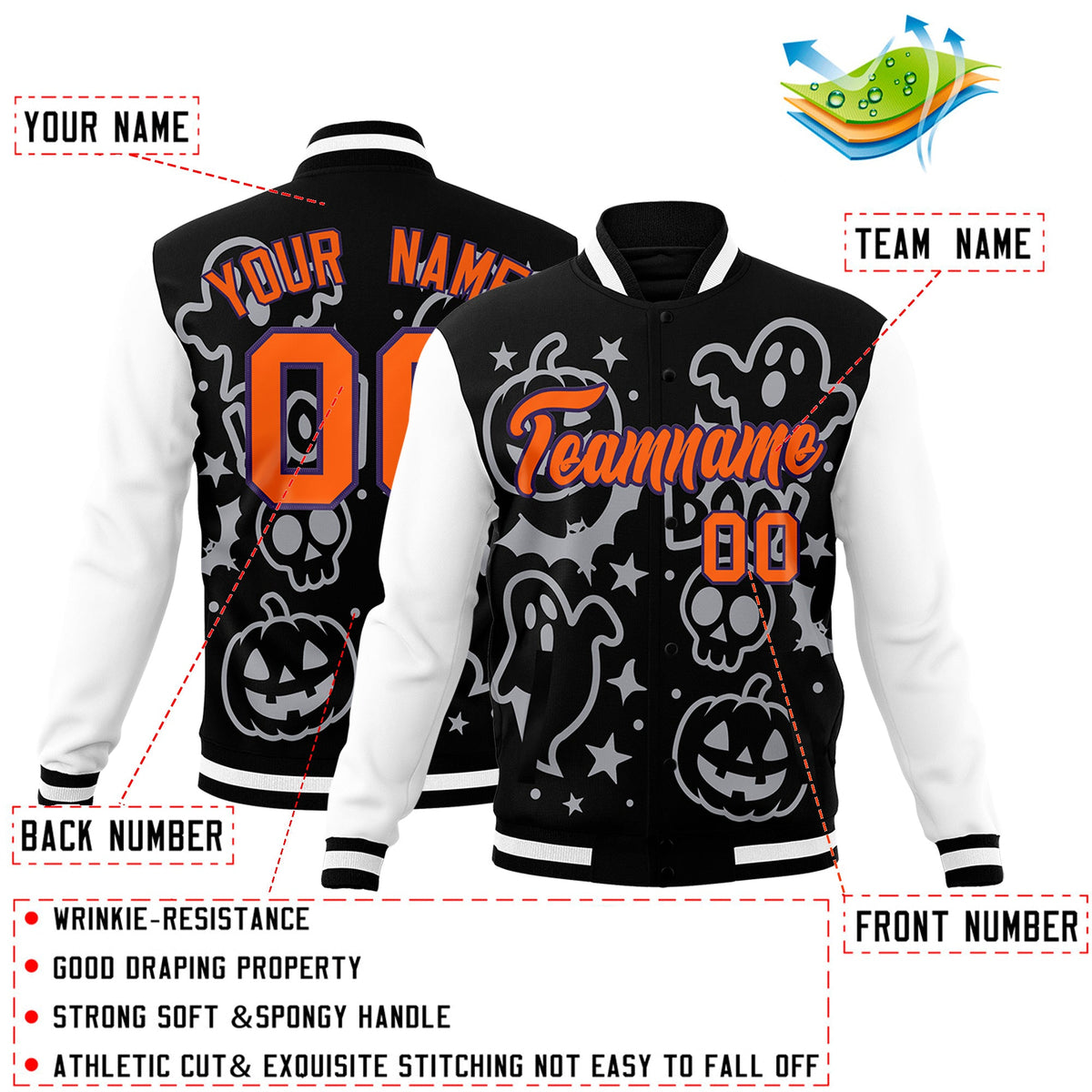 Custom Navy White Orange Bats Pumpkins Ghost Patterns Halloween Letterman Jacket | Custom Letterman Jacket,Add Name and Numbern,Sublimation Printed &amp; Stitched,Perfect for Parties | KXKSHOP