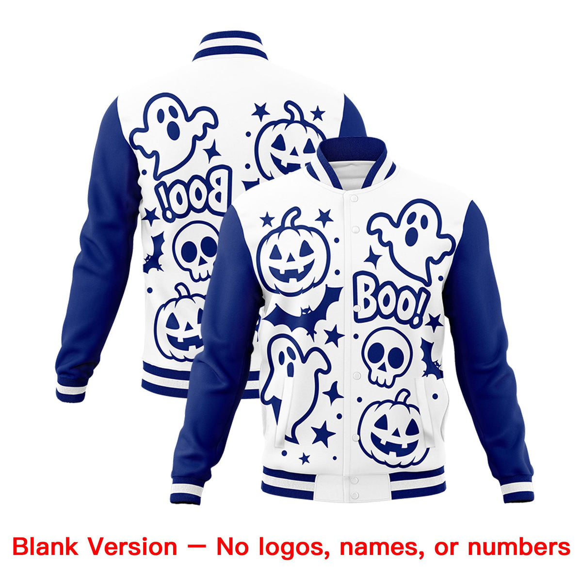 Custom Royal Blue White Red Bats Pumpkins Ghost Patterns Halloween Letterman Jacket | Custom Letterman Jacket,Add Name and Numbern,Sublimation Printed &amp; Stitched,Perfect for Parties | KXKSHOP