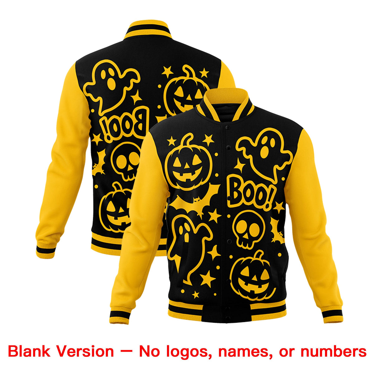 Custom Gold Black White Bats Pumpkins Ghost Patterns Halloween Letterman Jacket | Custom Letterman Jacket,Add Name and Numbern,Sublimation Printed &amp; Stitched,Perfect for Parties | KXKSHOP