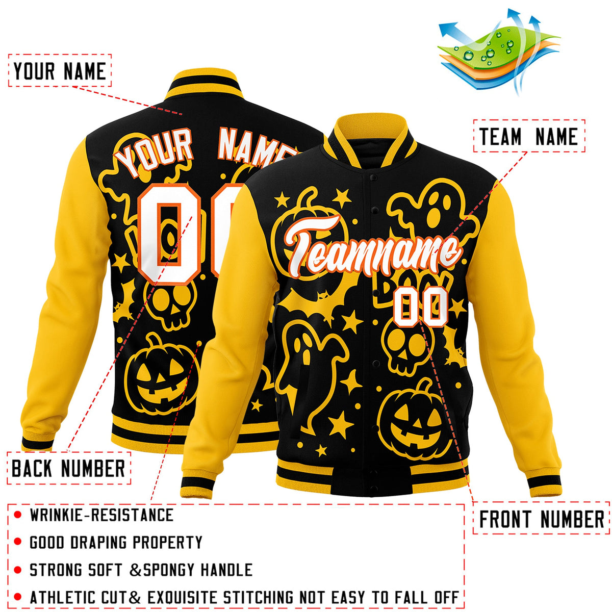 Custom Gold Black White Bats Pumpkins Ghost Patterns Halloween Letterman Jacket | Custom Letterman Jacket,Add Name and Numbern,Sublimation Printed &amp; Stitched,Perfect for Parties | KXKSHOP