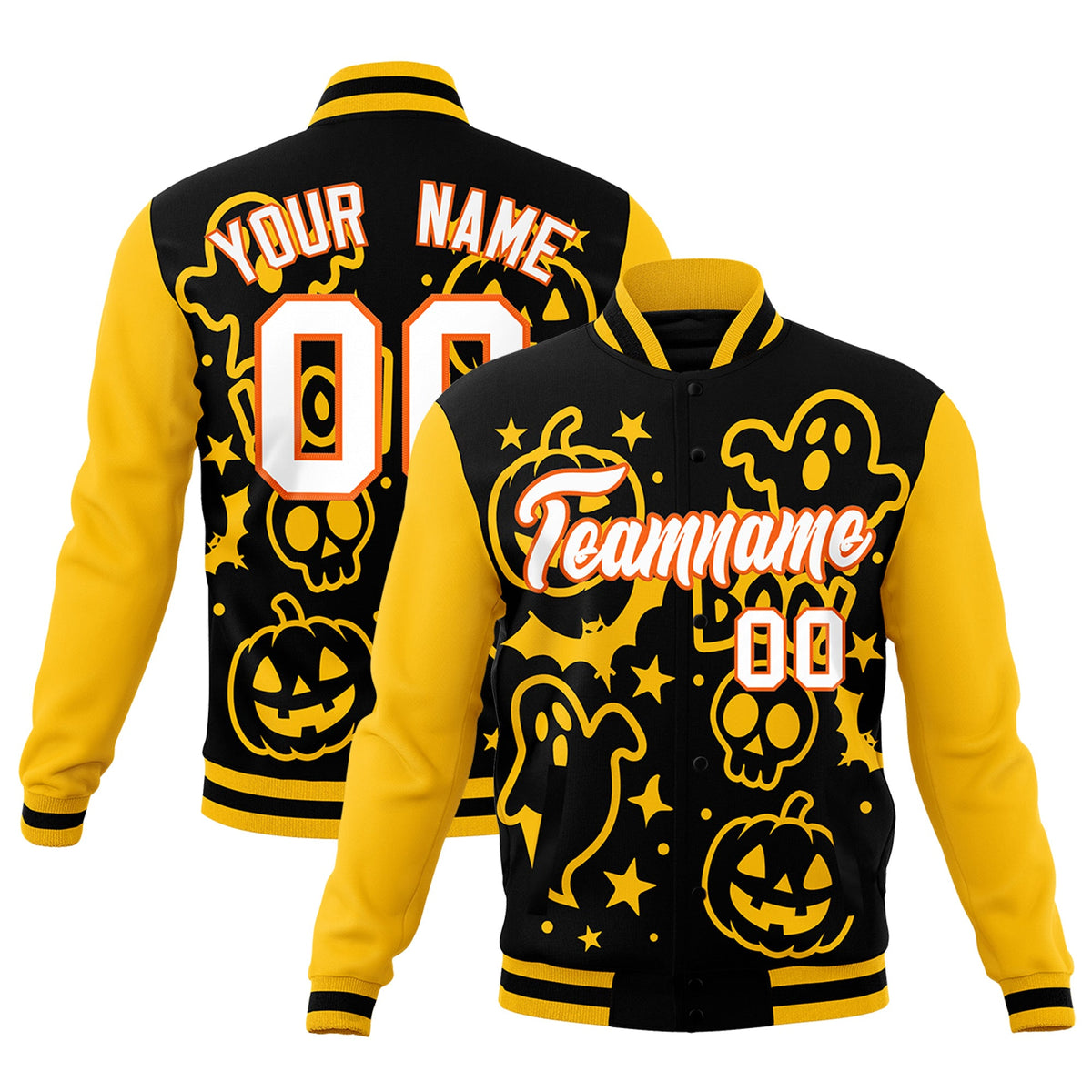 Custom Gold Black White Bats Pumpkins Ghost Patterns Halloween Letterman Jacket | Custom Letterman Jacket,Add Name and Numbern,Sublimation Printed &amp; Stitched,Perfect for Parties | KXKSHOP