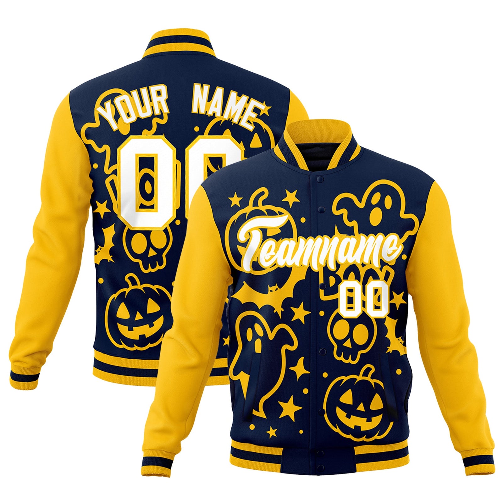 Custom Gold Navy White Bats Pumpkins Ghost Patterns Halloween Letterman Jacket | Custom Letterman Jacket,Add Name and Numbern,Sublimation Printed & Stitched,Perfect for Parties | KXKSHOP