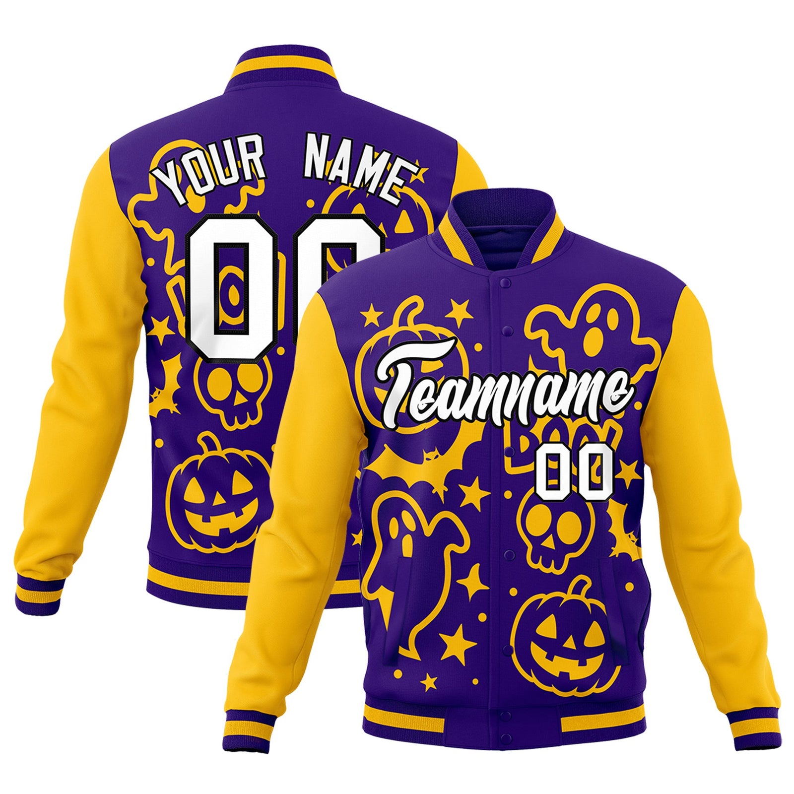 Custom Purple Gold White Bats Pumpkins Ghost Patterns Halloween Letterman Jacket | Custom Letterman Jacket,Add Name and Numbern,Sublimation Printed & Stitched,Perfect for Parties | KXKSHOP