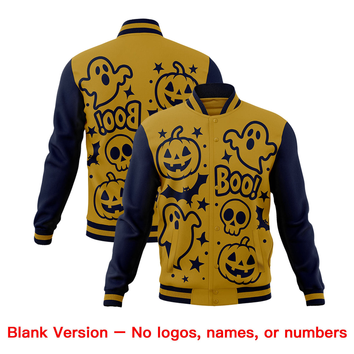 Custom Navy Old Gold Gray Bats Pumpkins Ghost Patterns Halloween Letterman Jacket | Custom Letterman Jacket,Add Name and Numbern,Sublimation Printed &amp; Stitched,Perfect for Parties | KXKSHOP