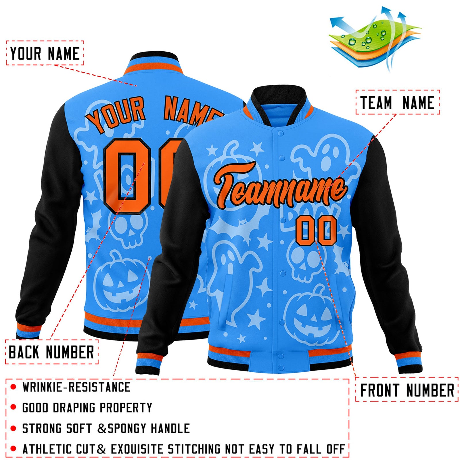 Custom Orange Powder Blue Black Bats Pumpkins Ghost Patterns Halloween Letterman Jacket | Custom Letterman Jacket,Add Name and Numbern,Sublimation Printed & Stitched,Perfect for Parties | KXKSHOP