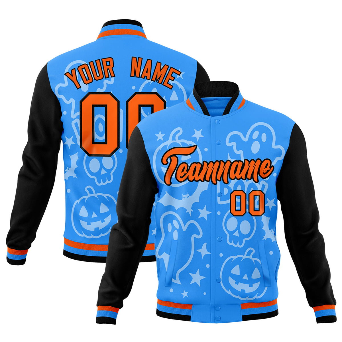 Custom Orange Powder Blue Black Bats Pumpkins Ghost Patterns Halloween Letterman Jacket | Custom Letterman Jacket,Add Name and Numbern,Sublimation Printed &amp; Stitched,Perfect for Parties | KXKSHOP